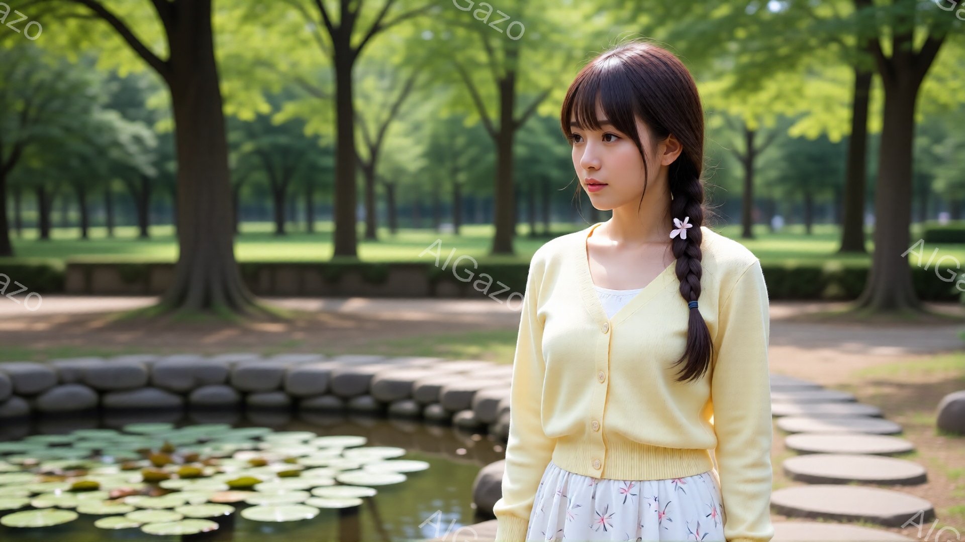 長い黒髪を後ろで一本に結んだ女性が、黄色のカーディガンと花柄のスカートを着ています。彼女は少し微笑み、遠くを見つめており、リラックスした姿勢で立っています。背景には、緑豊かな木々と水面に睡蓮が浮かぶ池があり、穏やかで平和な雰囲気が漂っています。