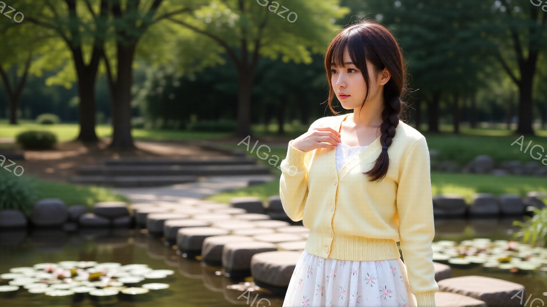 若い女性が、花柄のワンピースに薄い黄色のカーディガンを着て、緑豊かな公園に立っている。彼女は髪を三つ編みにし、少し微笑みながら遠くを見つめている。背景には、石畳の道と池、そして木々が生い茂る様子が見え - AI生成フリー素材