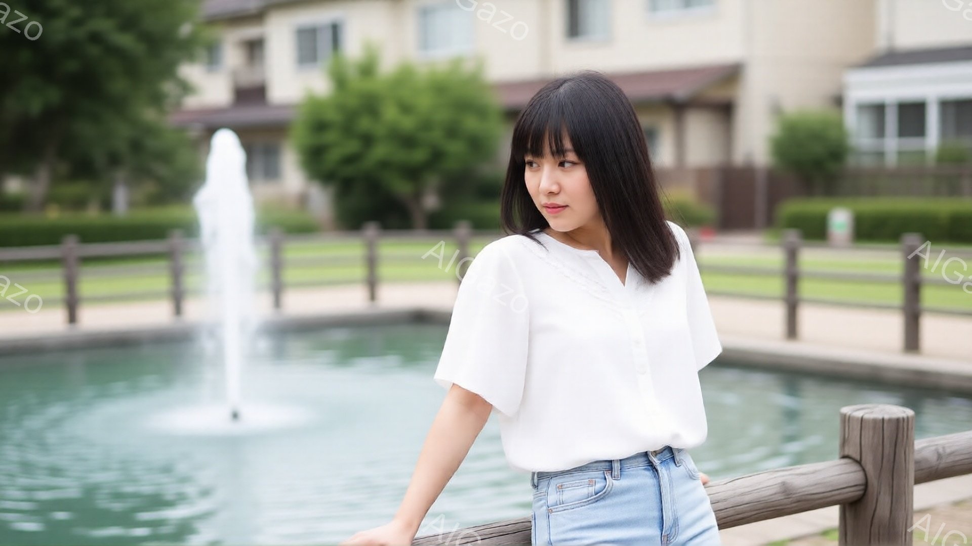 若い女性が柵にもたれて立っており、白いブラウスと薄い色のデニムショートパンツを着用しています。彼女は黒髪で、前髪が目にかかるヘアスタイルで、わずかに横を向いて物憂げな表情をしています。背景には噴水と緑 - AI生成フリー素材