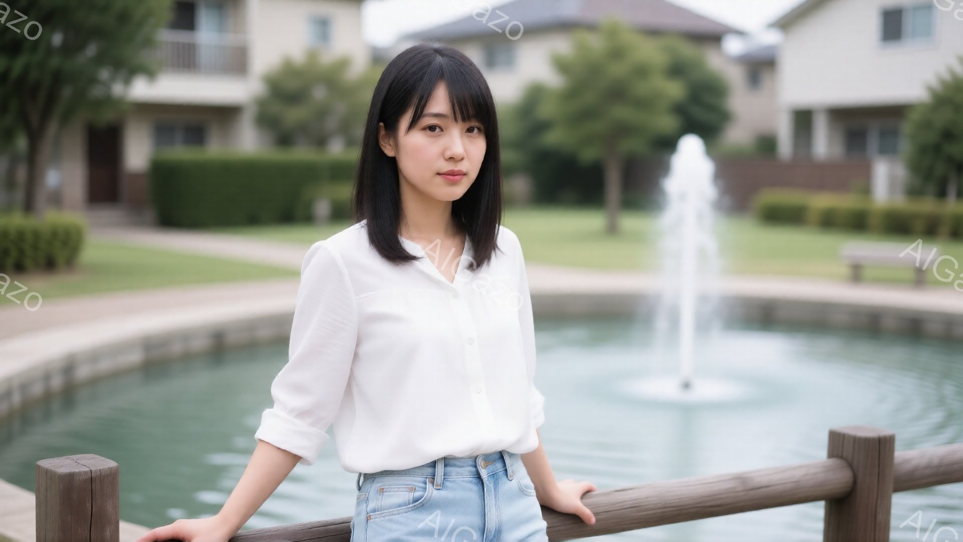 若い女性が、白いブラウスと水色のデニムを着て、木製の柵にもたれかかって立っている。彼女は黒髪のストレートヘアで、やや微笑んだ表情を見せている。背景には緑豊かな芝生、噴水、そして住宅が並び、晴れた日の穏 - AI生成フリー素材