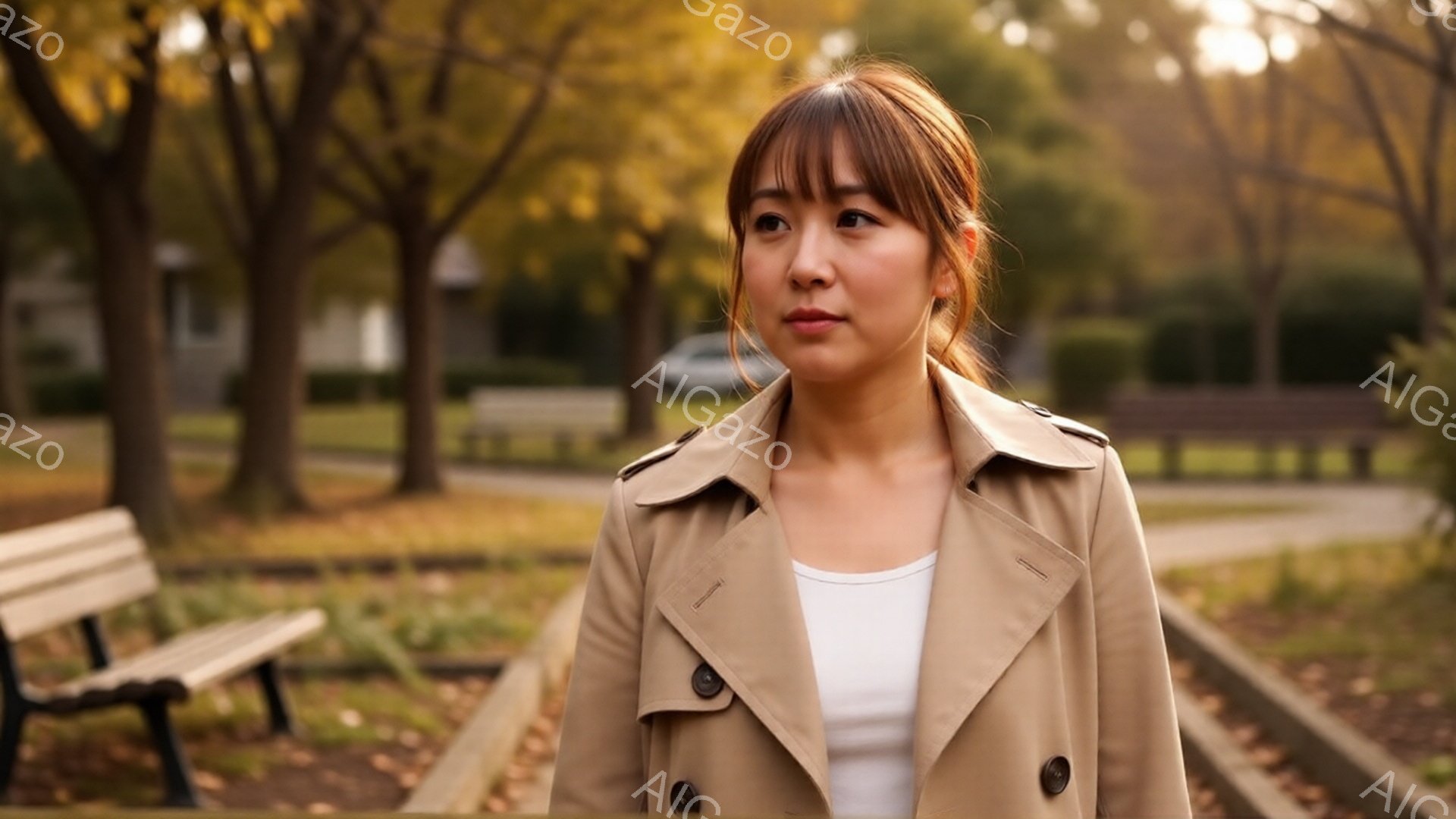 長い前髪とサイドの髪を耳にかける、ベージュのトレンチコートを着た若い女性が写っている。彼女は白いトップスを着ており、少し考え込んでいるような表情で、わずかに上を見ている。背景には、紅葉した木々とベンチ、そしてぼんやりとした建物が見え、秋の穏やかな午後を思わせる。