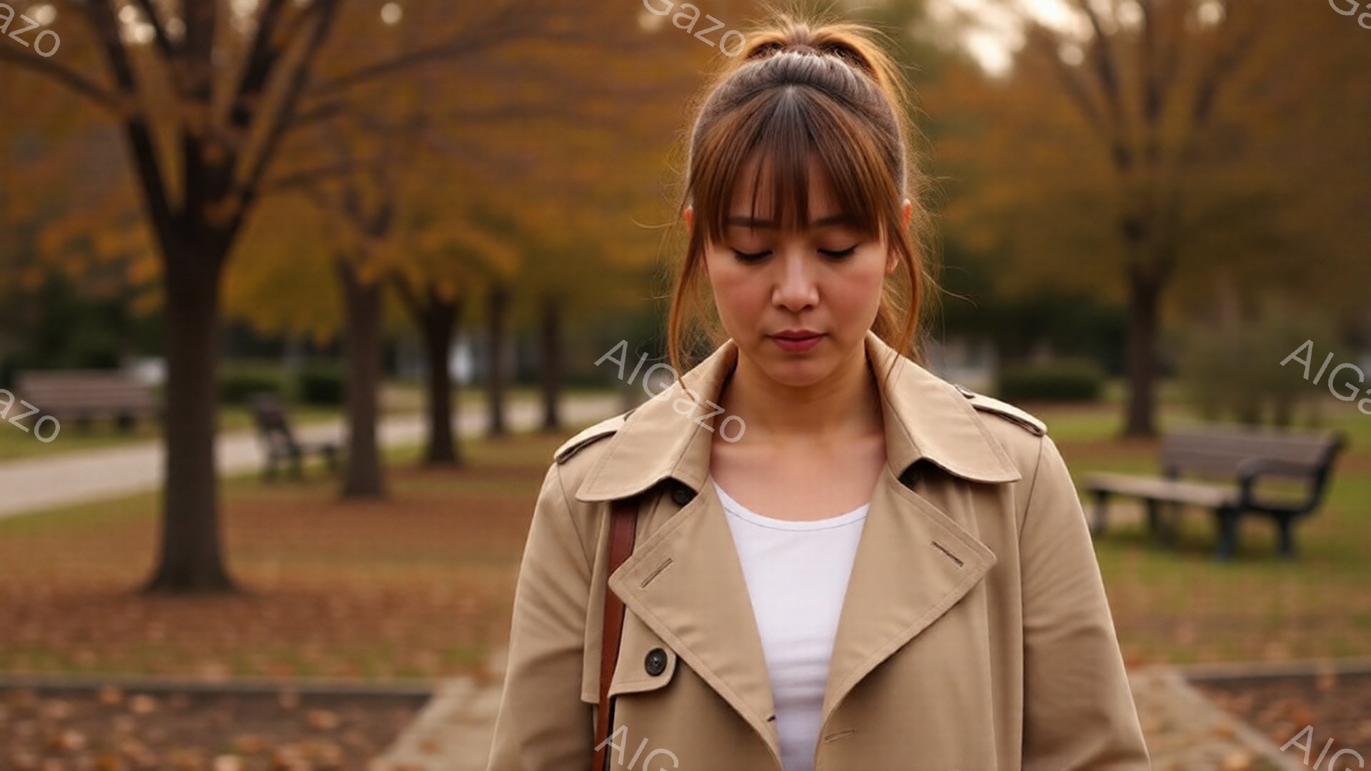 若い女性がベージュ色のトレンチコートと白いトップスを着て立っています。彼女は髪を軽くお団子にしており、少し憂いのある表情をしています。背景には、鮮やかな黄色の葉が茂る木々とベンチが並ぶ公園が広がり、秋 - AI生成フリー素材