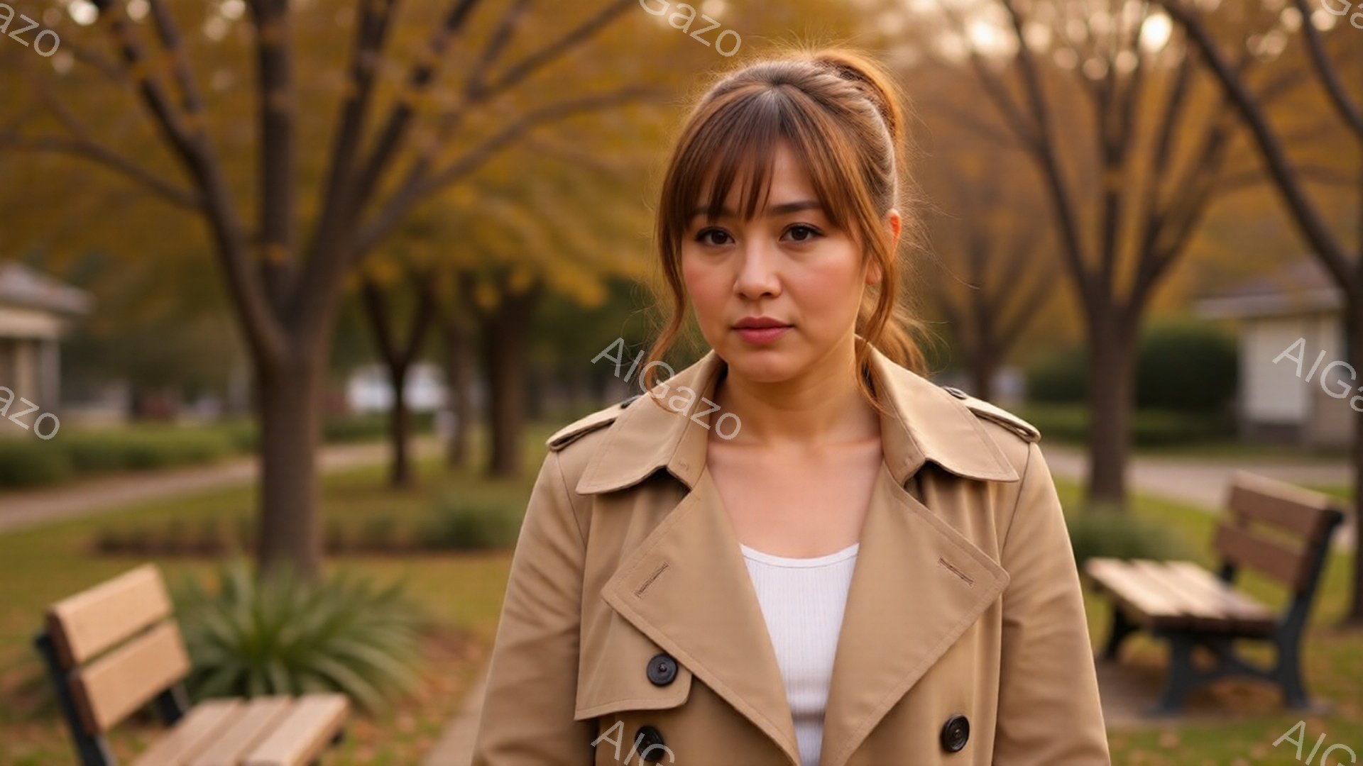 明るい茶色のトレンチコートを着た若い女性が、白いタンクトップを覗かせながらこちらを見ている。彼女は髪を後ろでまとめ、少し微笑んだ表情をしている。背景には、鮮やかな黄色の葉を持つ木々と、公園のベンチが見 - AI生成フリー素材