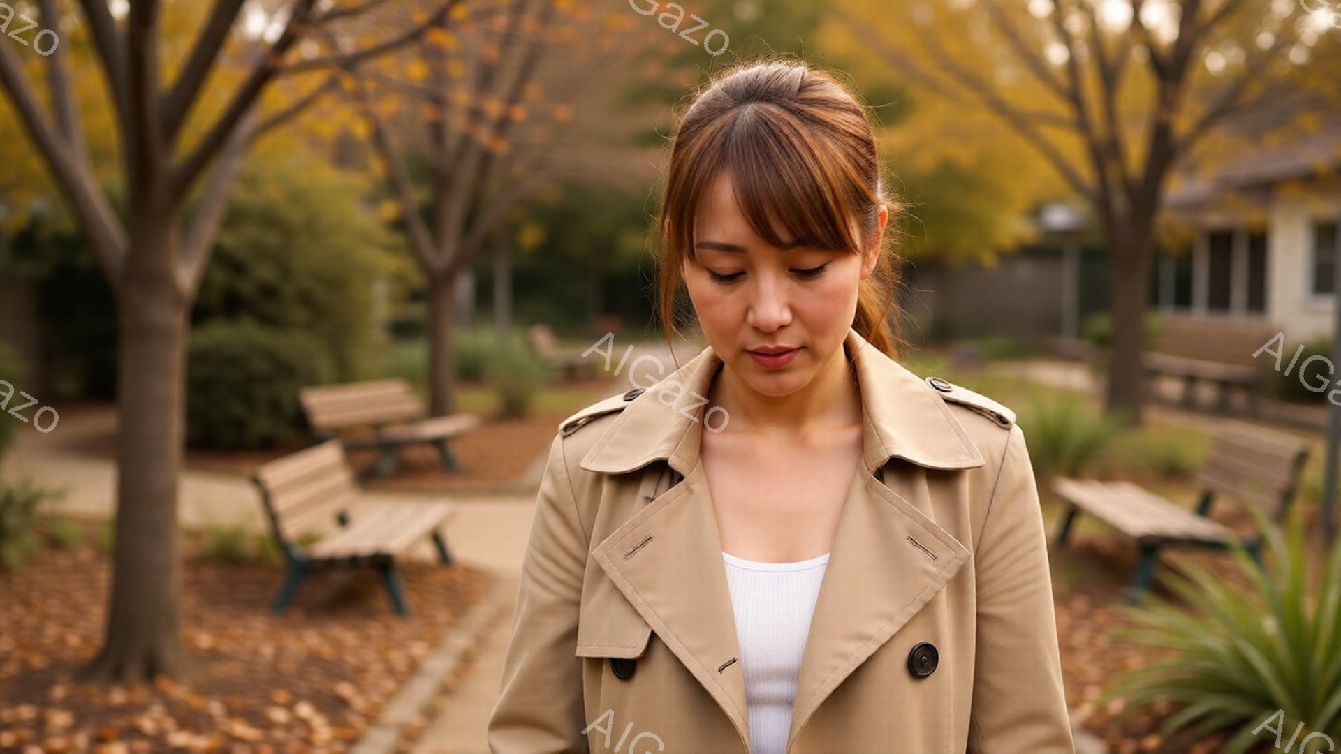 トレンチコートを着た女性が、少しうつむき加減で歩いている。彼女は白いタンクトップを着ており、髪は後ろで軽くまとめられている。背景には木々とベンチがあり、秋らしい黄色の葉が散りばめられており、穏やかで物憂げな雰囲気が漂っている。