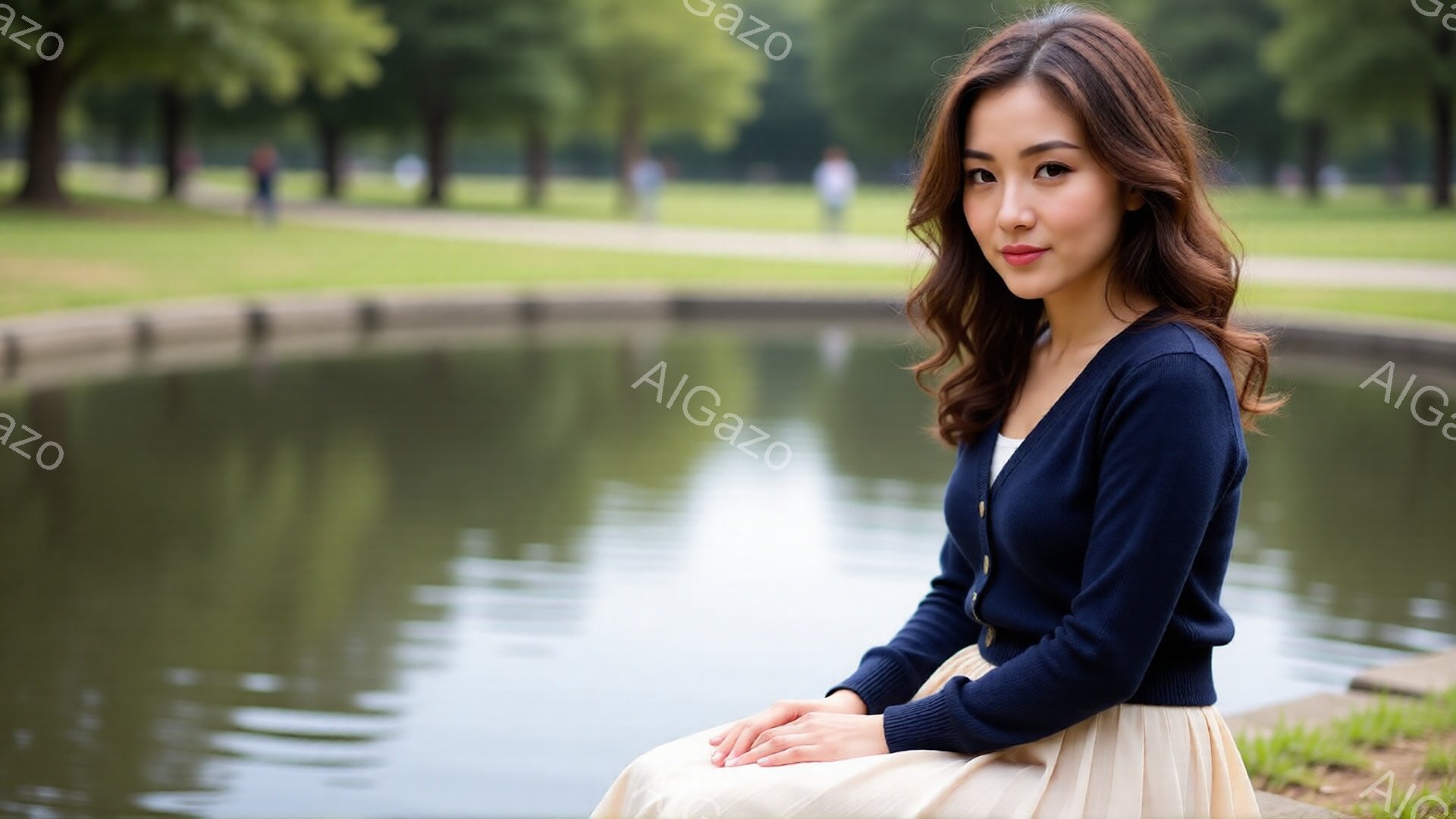 長い髪を優雅に肩にかける若い女性が、紺色のカーディガンとクリーム色のスカートを身につけています。彼女は膝を揃えて座り、穏やかな微笑みを浮かべています。背景には緑豊かな芝生と木々、そして穏やかな水面が広 - AI生成フリー素材