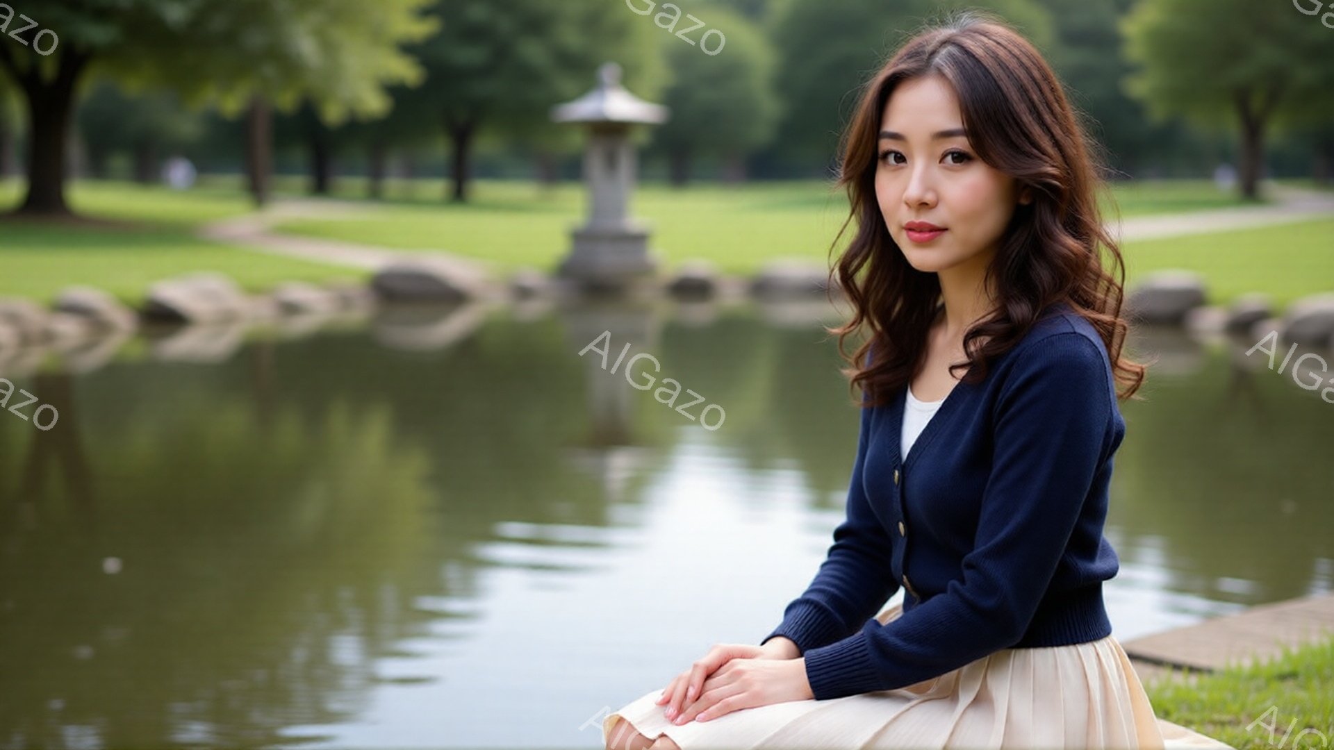 長い髪を軽くカールさせた女性が、紺色のカーディガンとベージュのスカートを着て、芝生の上に座っています。彼女は穏やかな表情でカメラを見つめており、背景には水面が輝く池と緑豊かな木々が見えます。全体的に、 - AI生成フリー素材