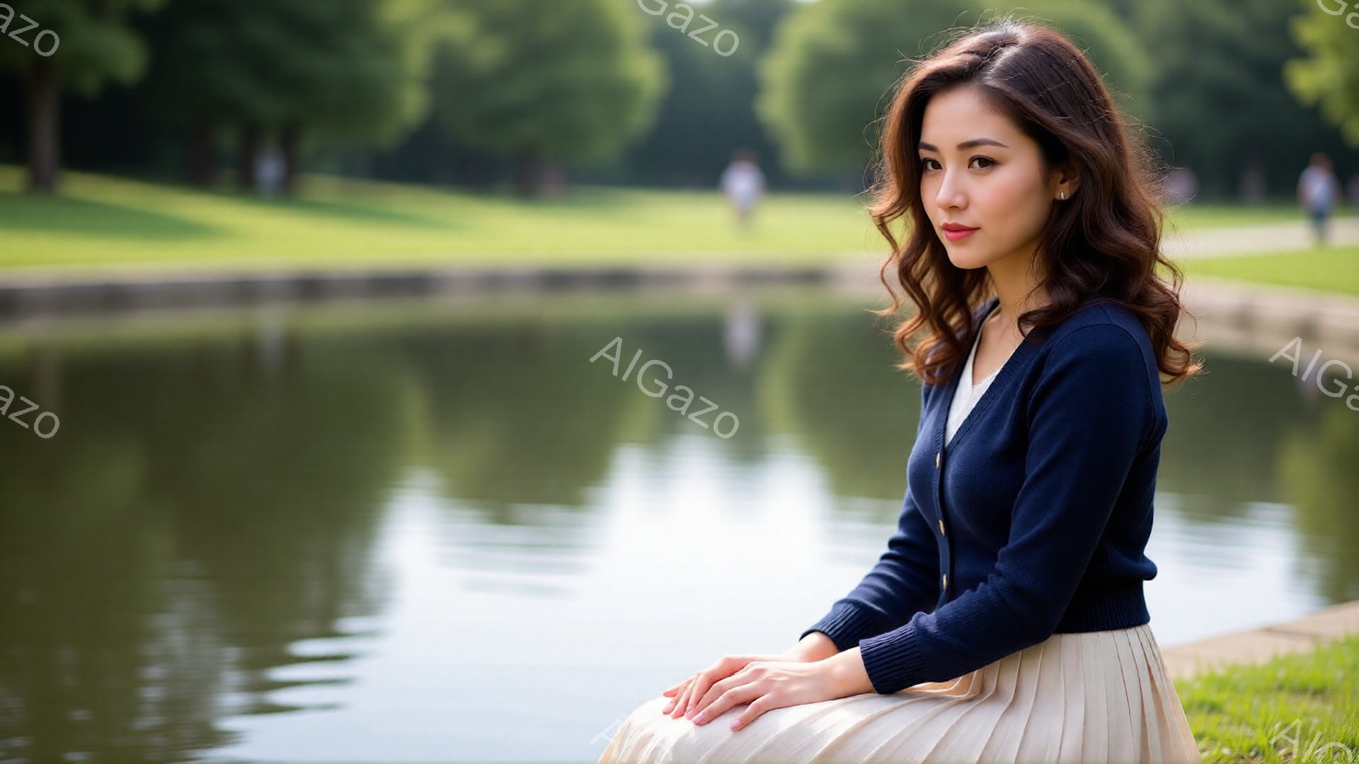 画像には、紺色のカーディガンとクリーム色のプリーツスカートを着た若い女性が写っています。彼女は緑豊かな芝生の上に座り、膝を揃え、少し微笑んだ表情をしています。背景には穏やかな水面と緑豊かな木々が見え、 - AI生成フリー素材