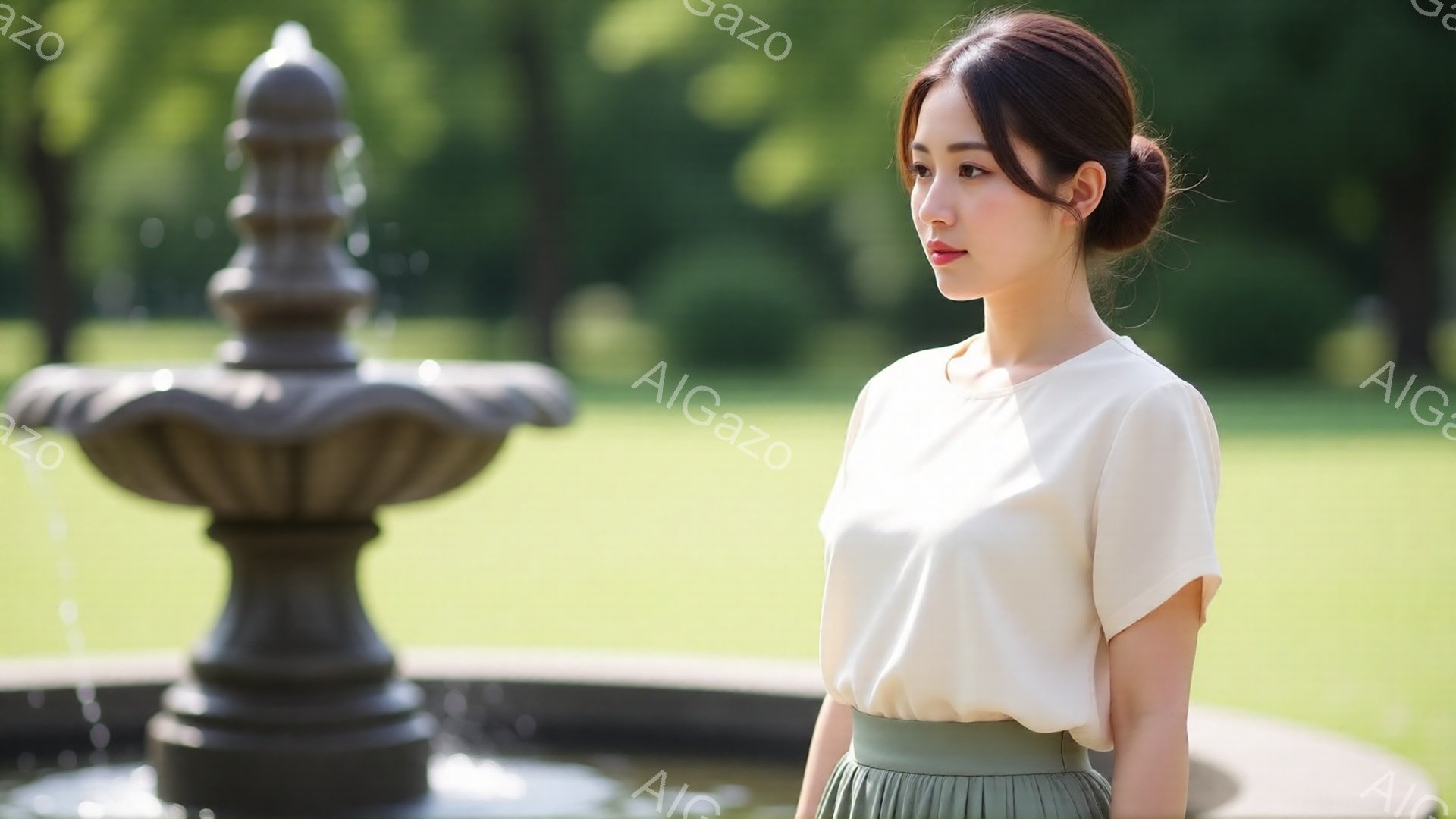 画像には、薄いクリーム色のブラウスと緑色のスカートを着た女性が写っています。彼女は髪を後ろでまとめ、横を向いて少し微笑んでいます。背景には、水が流れる石の噴水と緑豊かな自然が広がっており、穏やかで優し - AI生成フリー素材