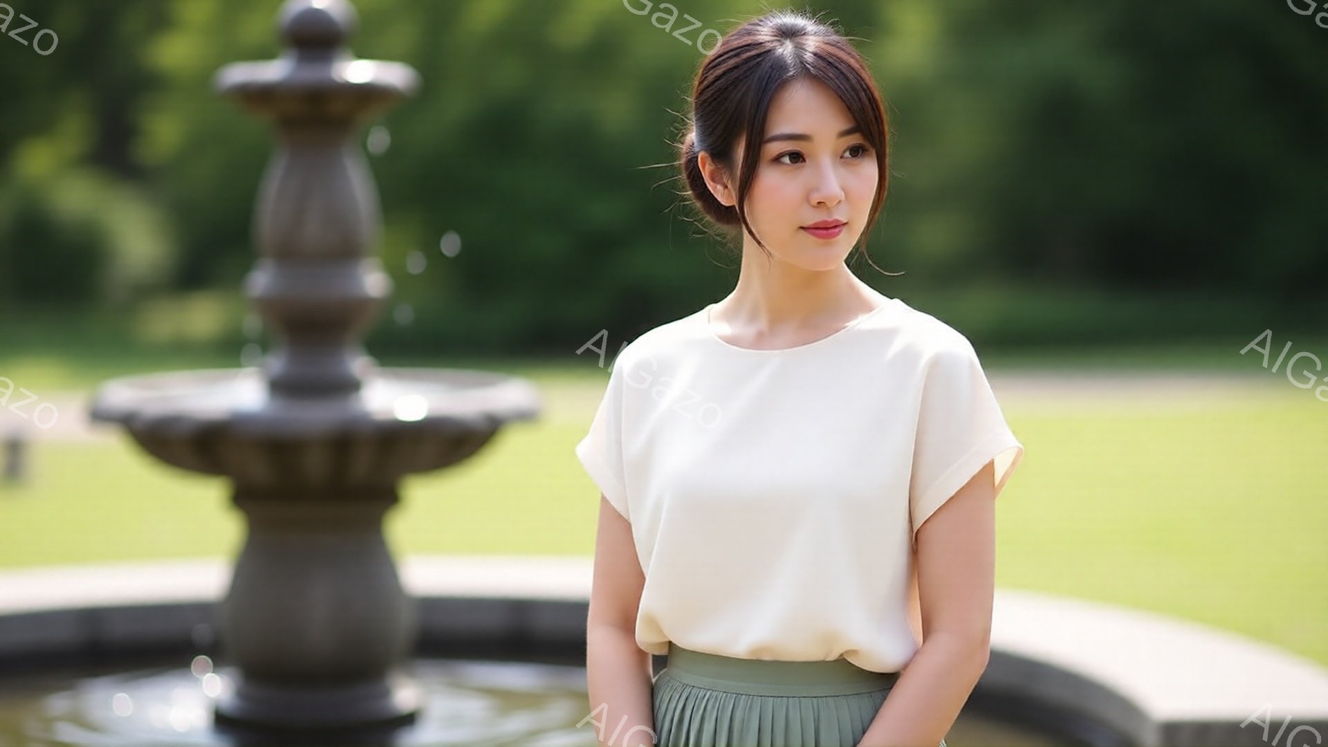 若い女性が、クリーム色のゆったりとしたブラウスと、明るい緑色のフレアスカートを身に着けて立っています。彼女は髪を後ろでまとめ、穏やかな微笑みを浮かべて少し横を向いています。背景には石造りの噴水と緑豊か - AI生成フリー素材
