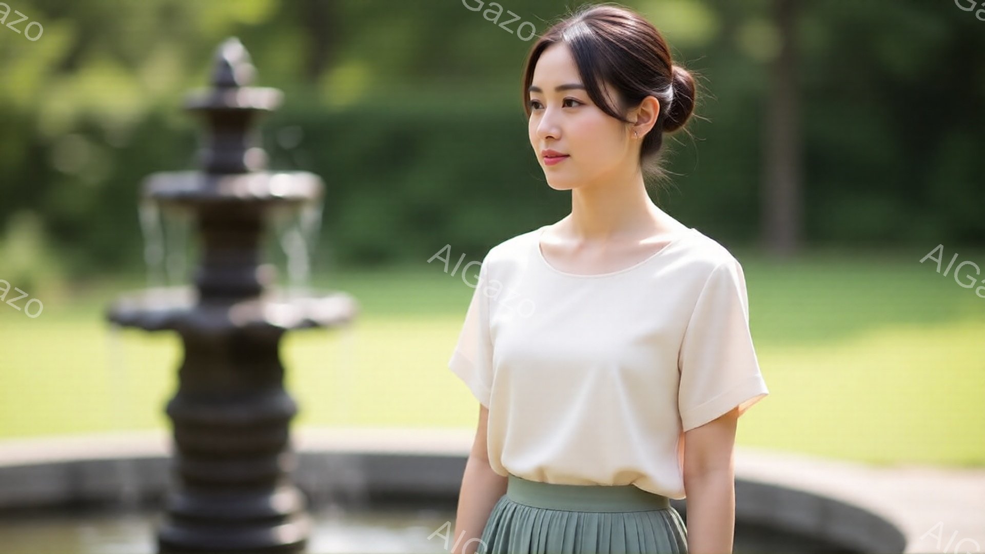 若い女性が、クリーム色のゆったりとしたブラウスと、淡い緑色のプリーツスカートを身につけて立っている。彼女は少し横を向き、穏やかな表情で遠くを見つめている。背景には、緑豊かな自然と、ぼやけた彫刻が施された噴水が見え、柔らかい光が全体を包み込み、静かで落ち着いた雰囲気を醸し出している。