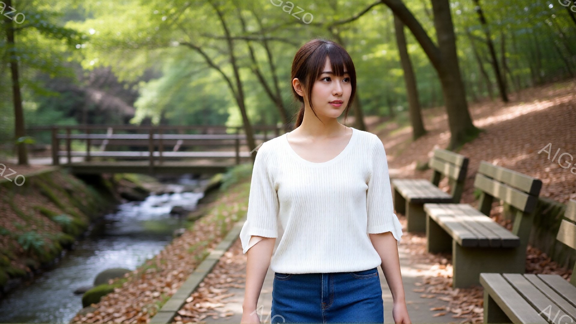 若い女性が白い長袖のトップスと濃い色のジーンズを身に着けて、小道を歩いています。彼女は黒髪で、前髪を少しカールさせており、表情は穏やかでわずかに微笑んでいます。背景には、木々の緑と小川、そして木製のベ - AI生成フリー素材