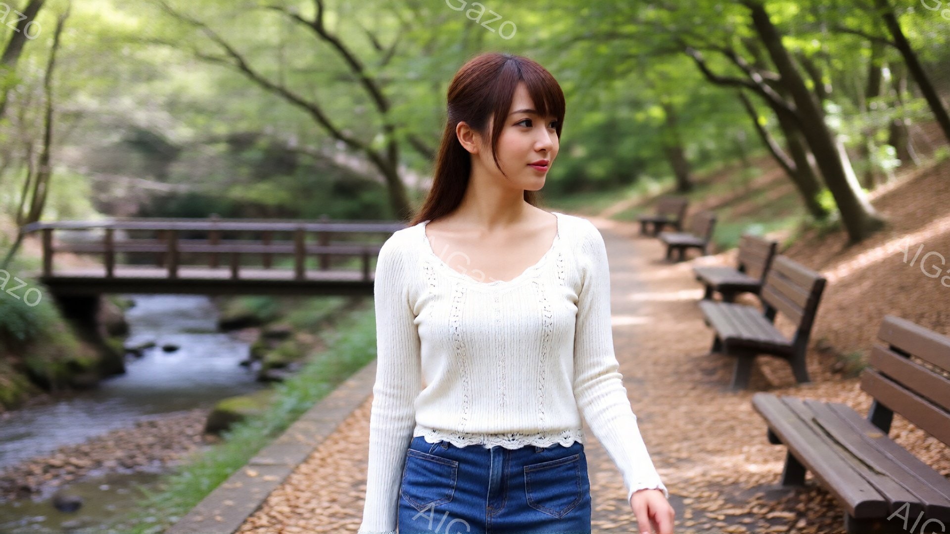 長い茶色の髪を後ろに流し、白いレース付きのニットと濃い色のジーンズを着た若い女性が、小川沿いの遊歩道を歩いています。彼女はわずかに微笑み、少し横を向いており、リラックスした雰囲気を漂わせています。背景 - AI生成フリー素材