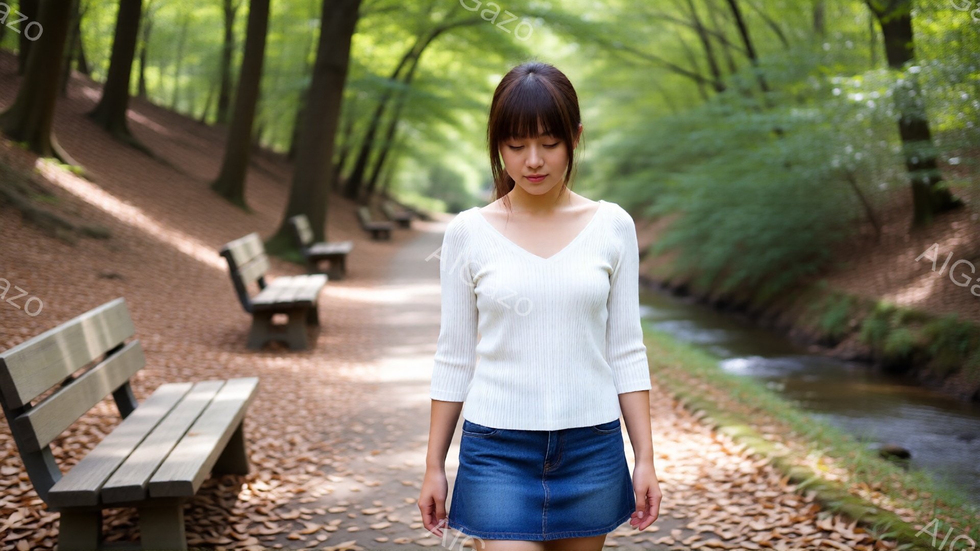 若い女性が、白いセーターとデニムのミニスカートを着て、小川の近くの遊歩道に立っている。彼女は前を向いており、少しうつむき加減で、落ち着いた表情をしている。背景には緑豊かな木々とベンチが見え、遊歩道には - AI生成フリー素材