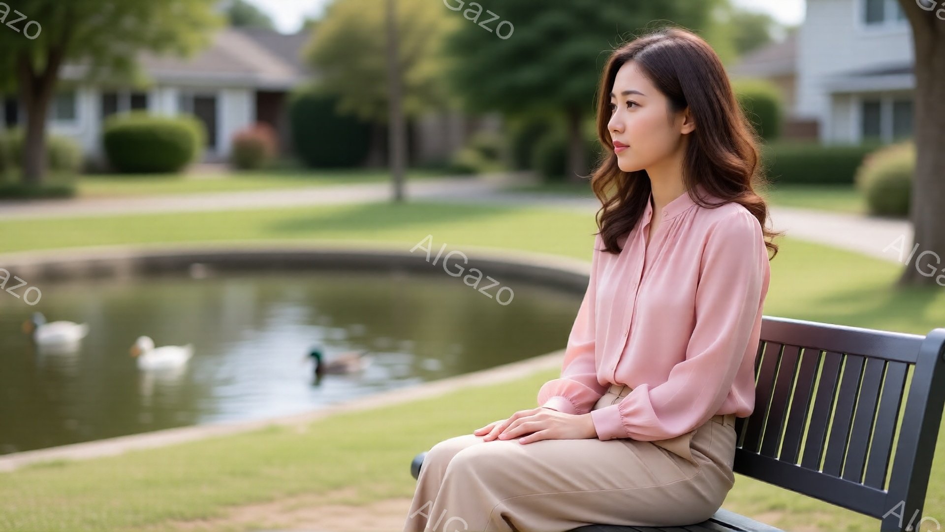 明るいピンク色のブラウスとベージュのパンツを着用した女性が、公園のベンチに座って遠くを見つめています。彼女は髪を軽くカールさせ、穏やかな表情を浮かべており、ゆったりとした時間が流れているような印象を与 - AI生成フリー素材
