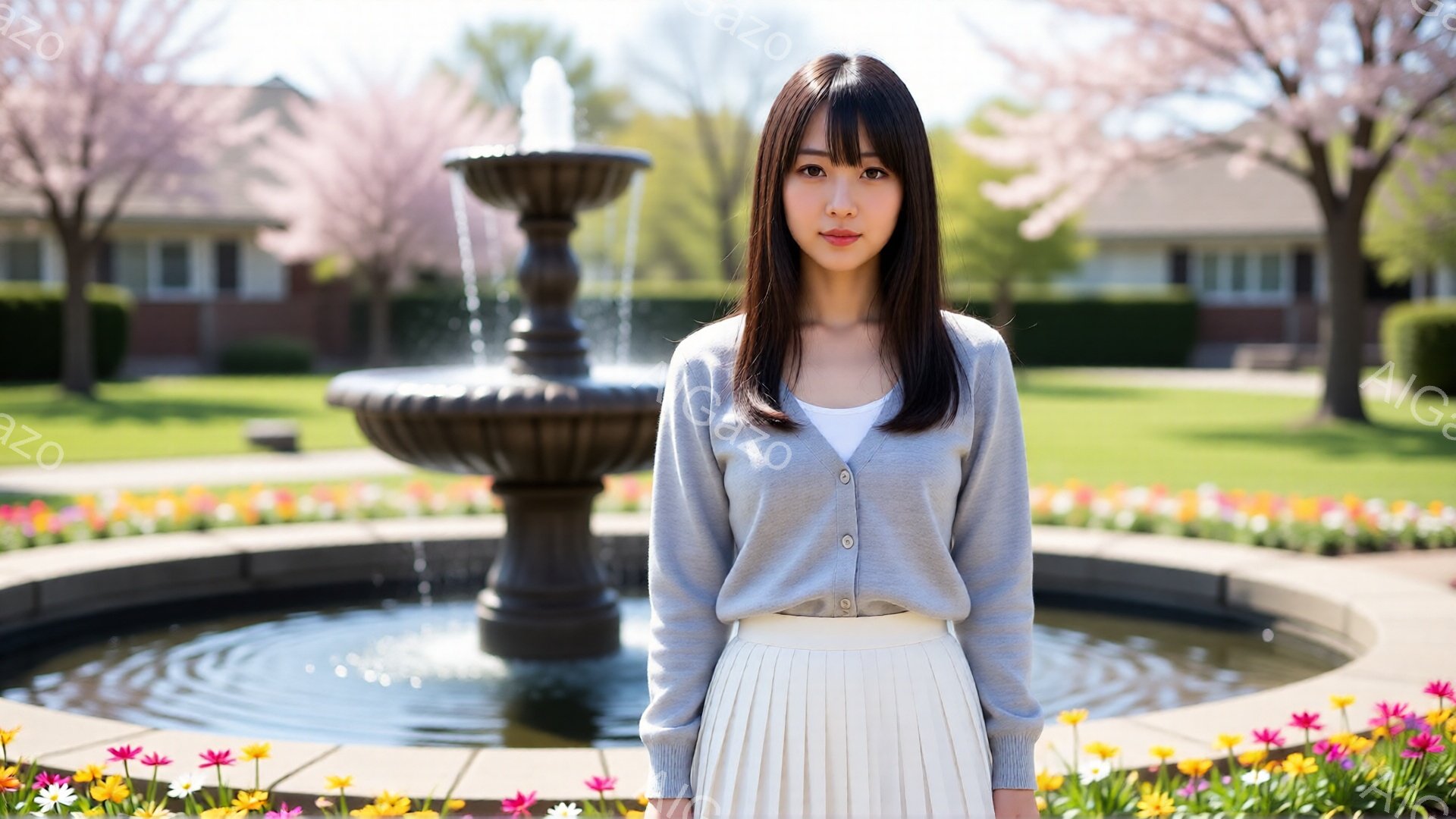 長い黒髪で前髪のある女性が、グレーのカーディガンと白いプリーツスカートを身に着けて立っています。彼女は穏やかな表情で、正面を見ています。背景には噴水、カラフルな花壇、そして建物が見え、晴れた日の穏やか - AI生成フリー素材