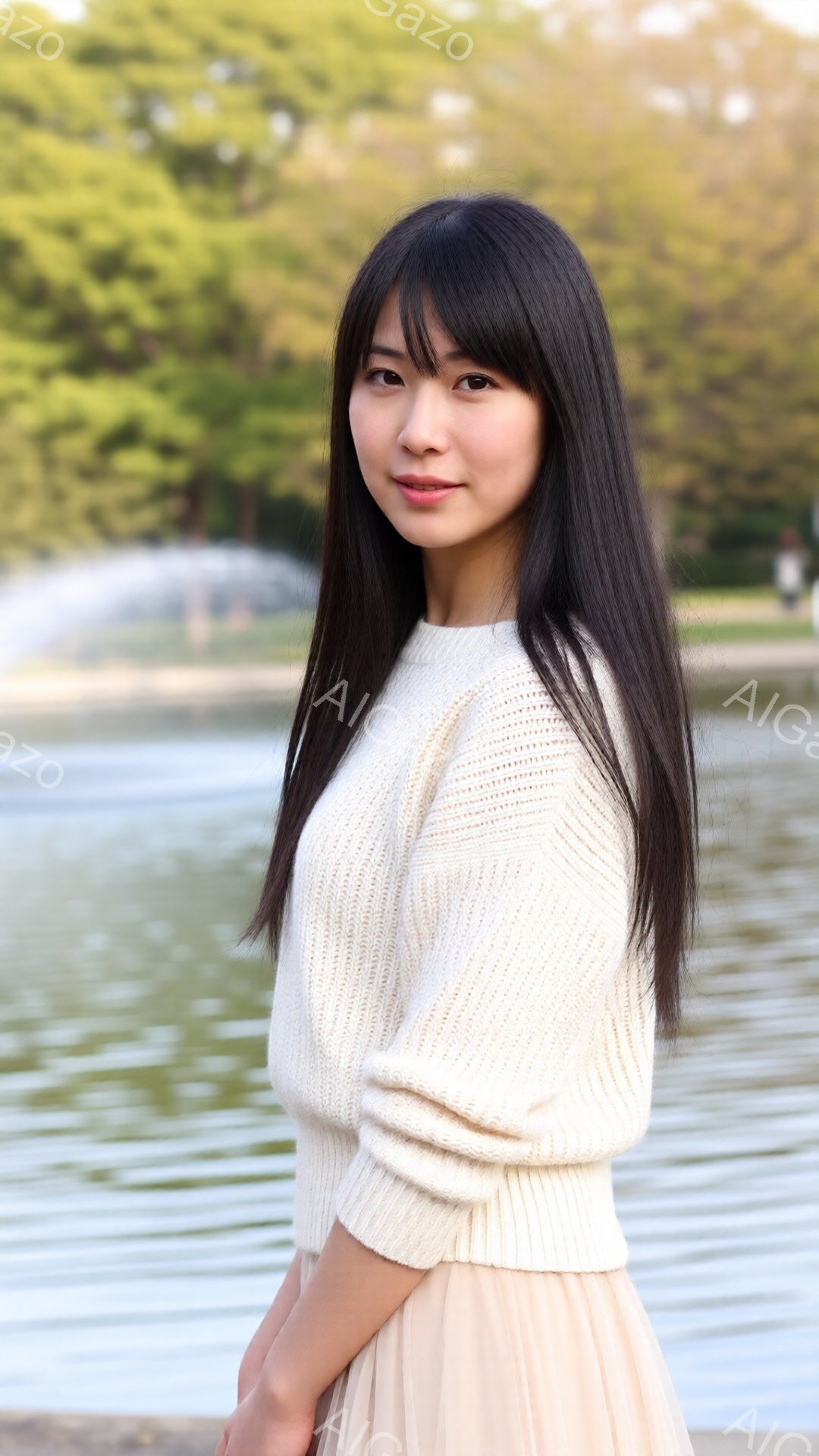 長い黒髪で、前髪は眉毛にかかるようにカットされた若い女性が写っています。オフホワイトのざっくりとしたニットセーターと、薄いベージュのスカートを身に着けており、穏やかな微笑みを浮かべています。背景には水 - AI生成フリー素材
