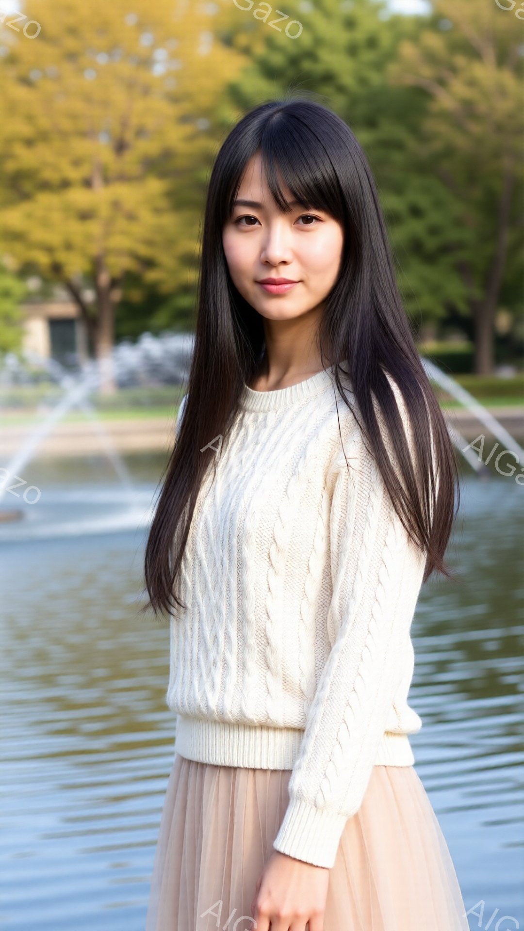 長い黒髪の女性が、オフホワイトのケーブルニットセーターと薄いピンク色のチュールスカートを身に着けています。彼女はわずかに微笑んでおり、リラックスした姿勢で正面を向いています。背景には、水面が輝く池と、 - AI生成フリー素材