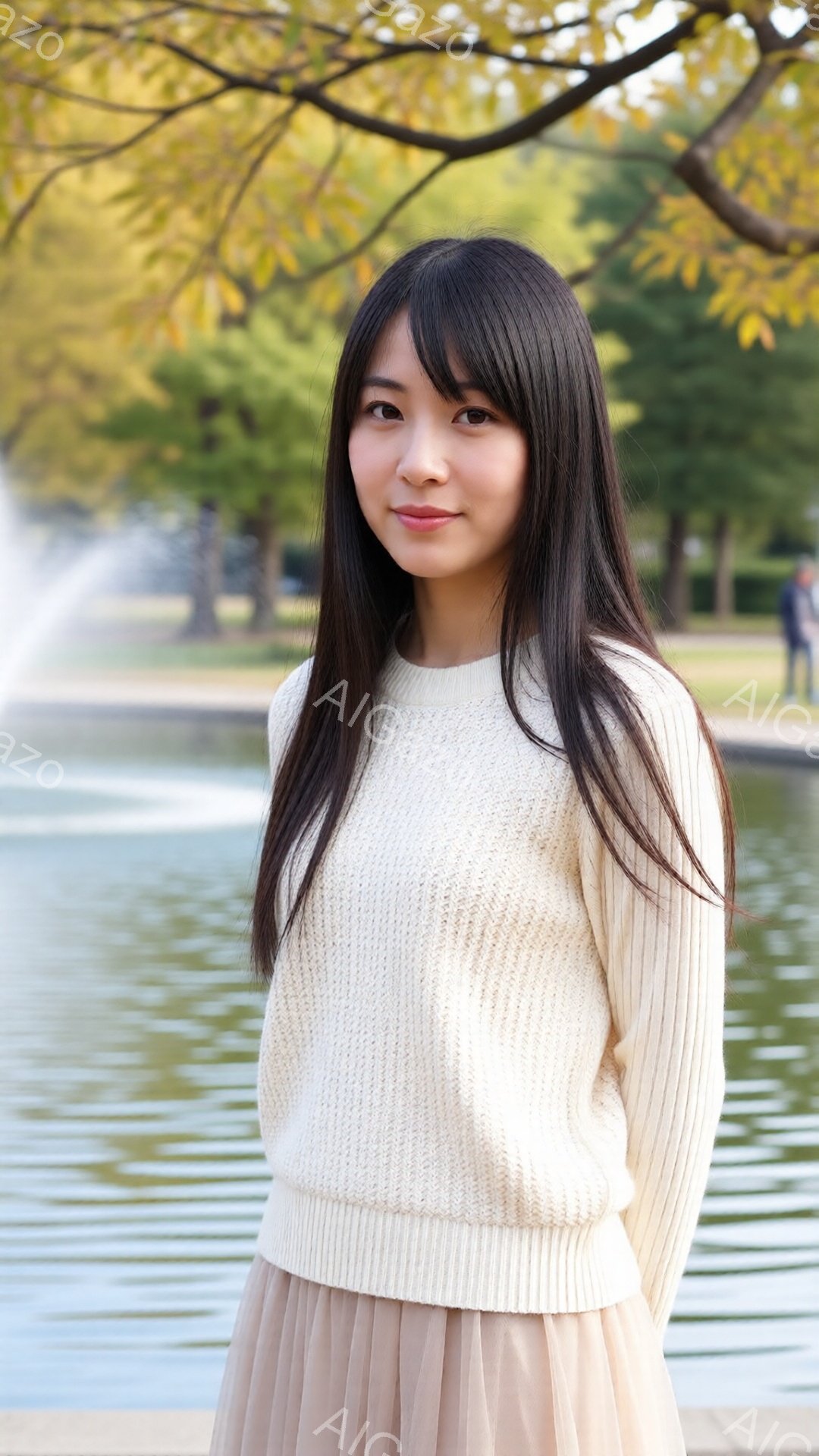 長い黒髪を肩下で伸ばした若い女性が、クリーム色のざっくりとしたニットセーターと、薄いピンク色のプリーツスカートを身に着けています。彼女は穏やかな微笑みを浮かべ、カメラの方を向いて立っており、背景には水 - AI生成フリー素材
