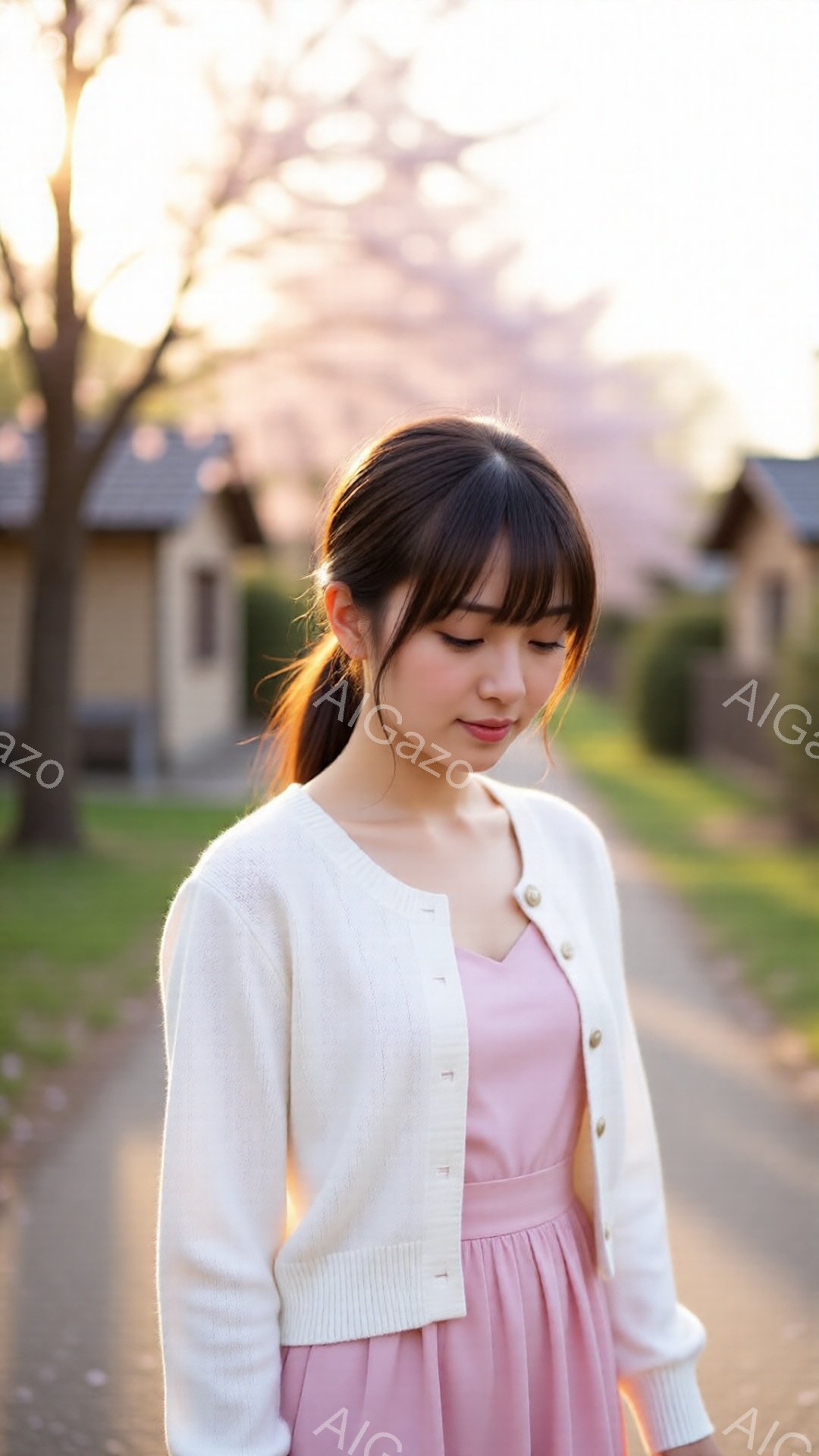 若い女性が、薄いピンク色のワンピースに白いカーディガンを羽織って立っています。彼女は髪を後ろで一つにまとめ、少し下を向いて穏やかな表情を浮かべています。背景には緑の芝生と、ぼやけた住宅、そして柔らかな - AI生成フリー素材