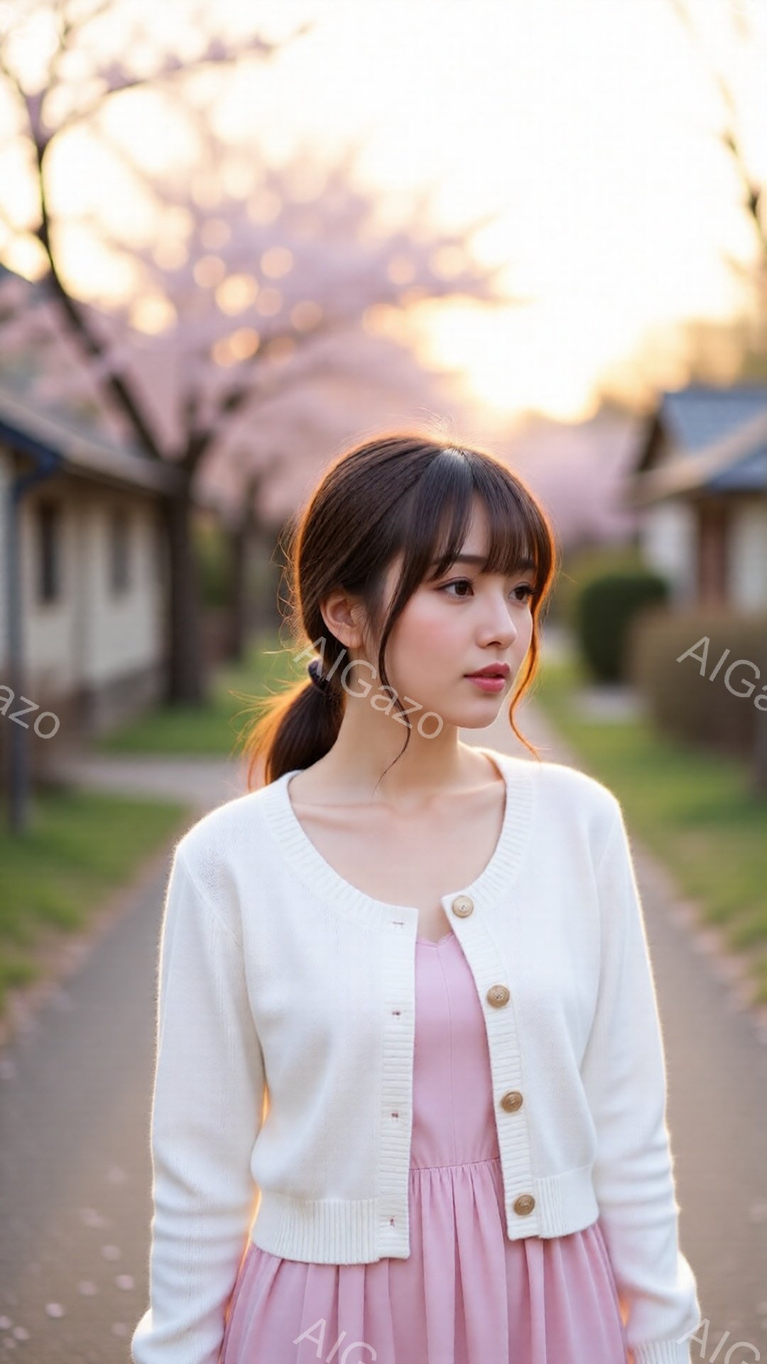 若い女性が、ピンク色のワンピースに白いカーディガンを着て、道の上を歩いています。彼女はポニーテールで髪を結い、少し微笑んだ表情を浮かべています。背景には、桜の木と家々が見え、柔らかな光が全体を包み込み、穏やかで春らしい雰囲気を醸し出しています。