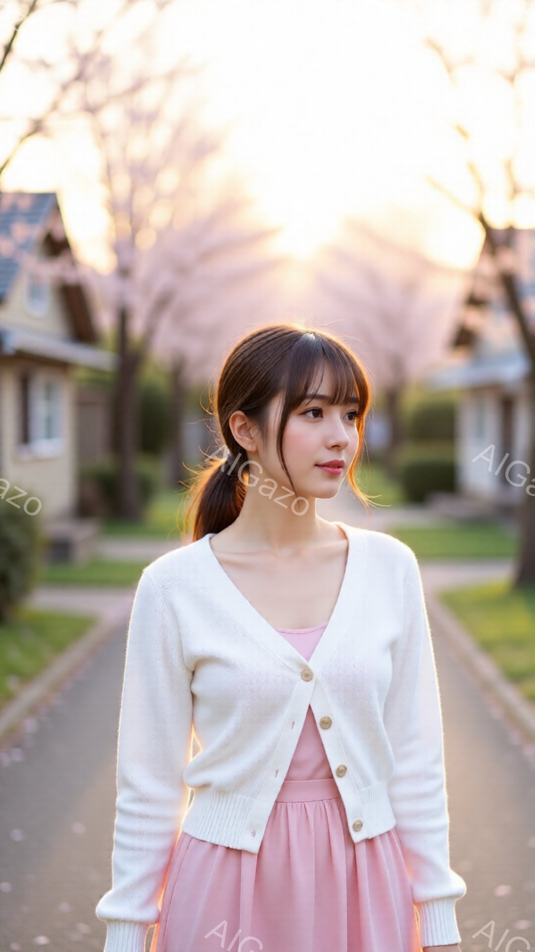 若い女性がピンク色のワンピースに白いカーディガンを羽織って道路の中央に立っている。彼女は髪を後ろで一つにまとめ、穏やかな表情で少し横を向いている。背景には住宅と桜の木々が並び、柔らかな光が全体を包み込み、春の穏やかな雰囲気を醸し出している。