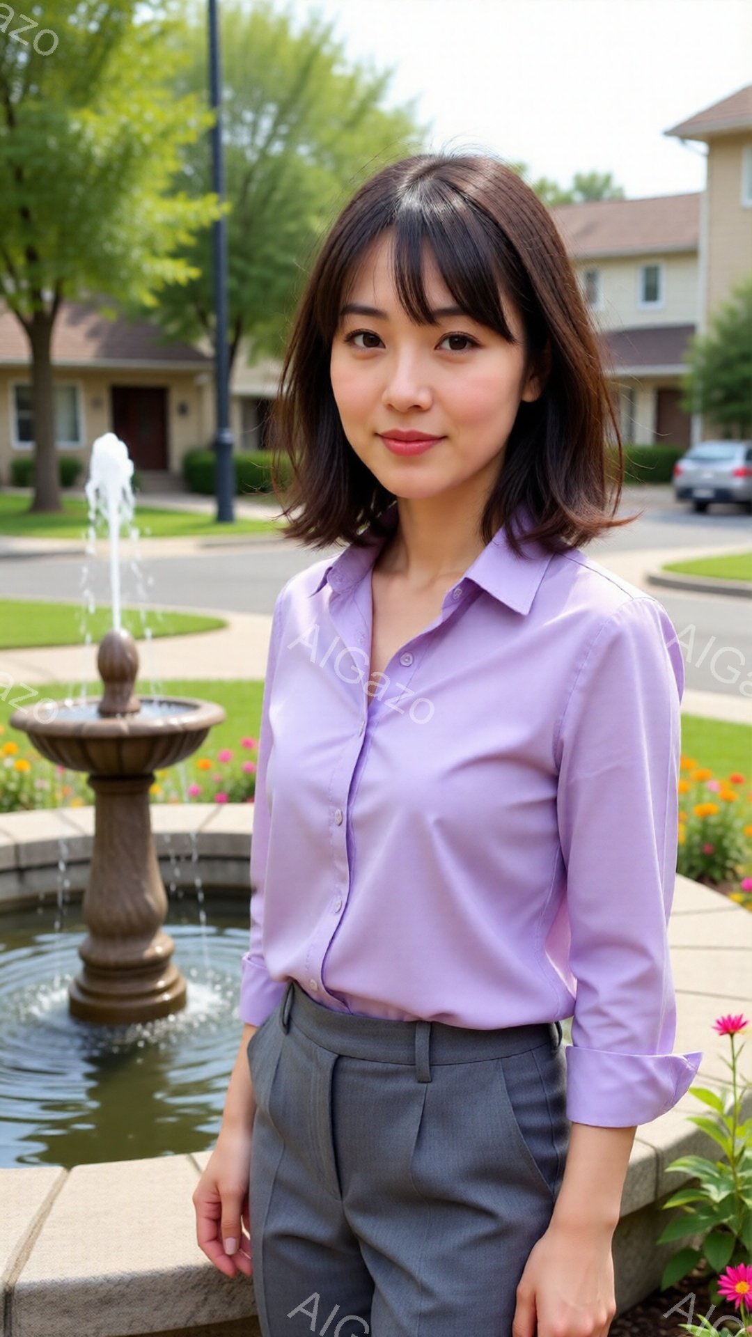 若い女性が紫色のシャツとグレーのパンツを着用し、穏やかな笑顔でカメラを見つめている。彼女は軽く手を腰に当て、リラックスした姿勢で立っている。背景には噴水、住宅、緑豊かな植物が見え、晴れた日の穏やかな雰 - AI生成フリー素材