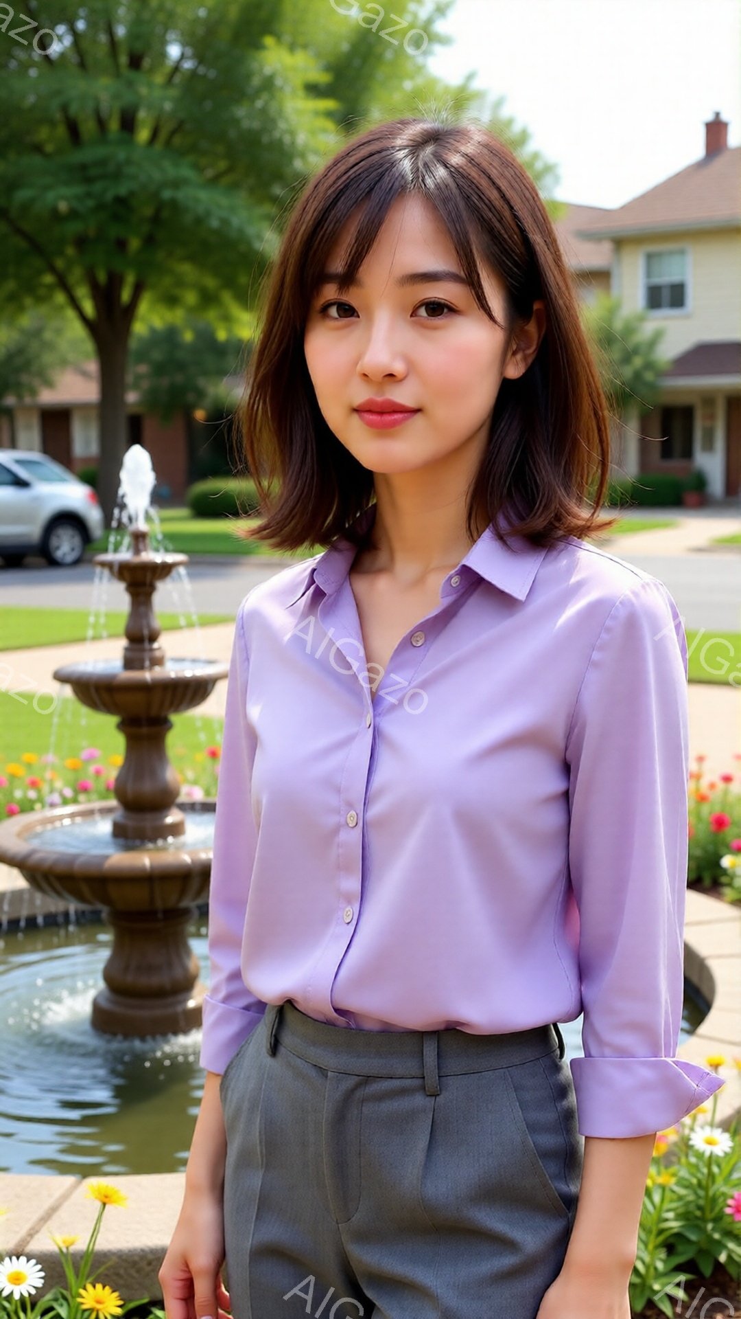 若い女性が、ライラック色のシャツとグレーのパンツを着用し、少し微笑んだ表情で正面を向いています。彼女は肩まで届く長さの茶色の髪で、自然なカールがかかっています。背景には噴水、花壇、そして住宅が見え、晴れた日の穏やかな雰囲気が漂っています。