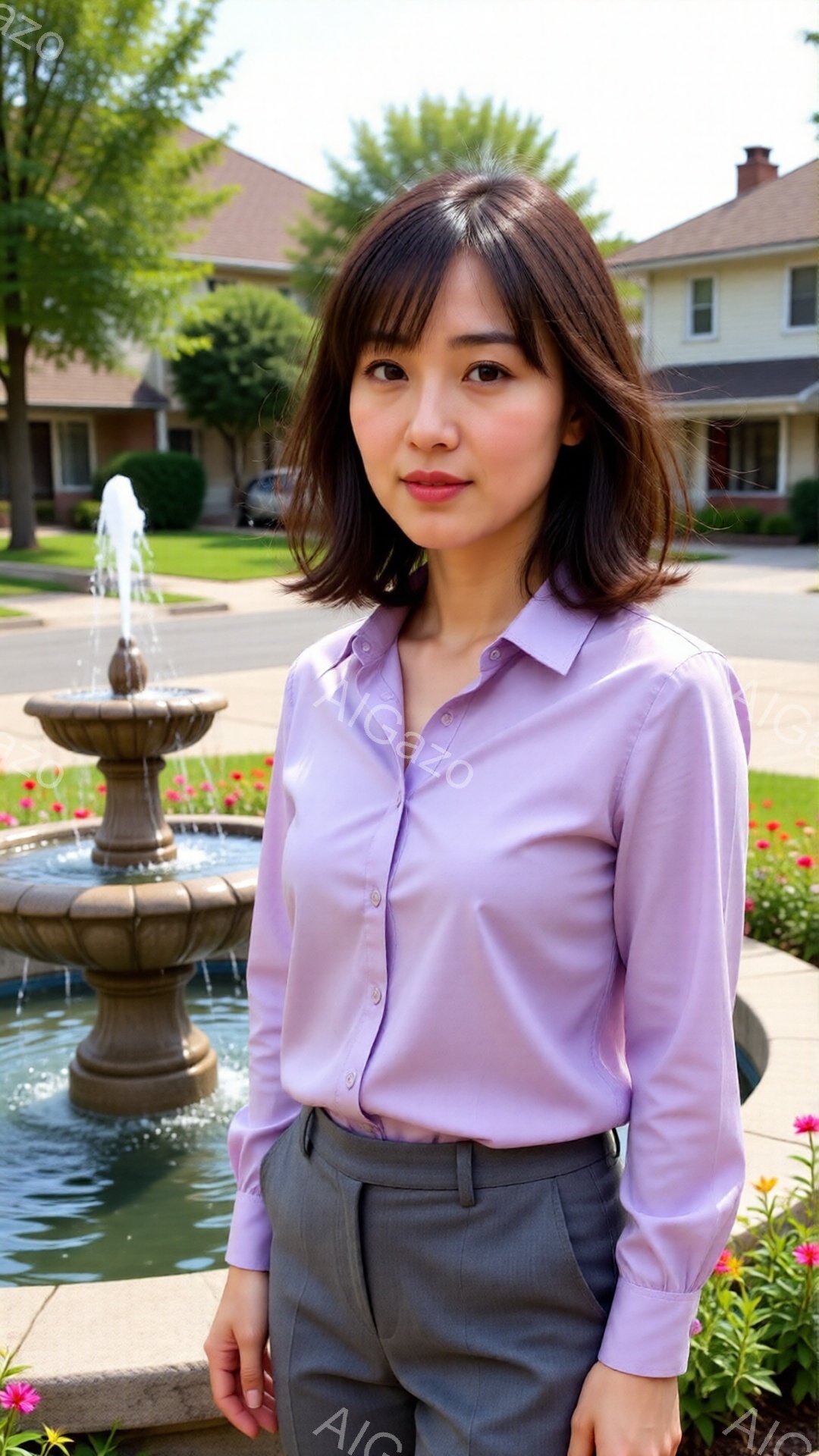 この女性は薄紫色のシャツとグレーのズボンを着用し、少し微笑んでいます。彼女は庭の噴水の前に立っており、背景には住宅と緑豊かな木々が見えます。晴れた日の穏やかな雰囲気で、カジュアルながらもきちんとした印 - AI生成フリー素材