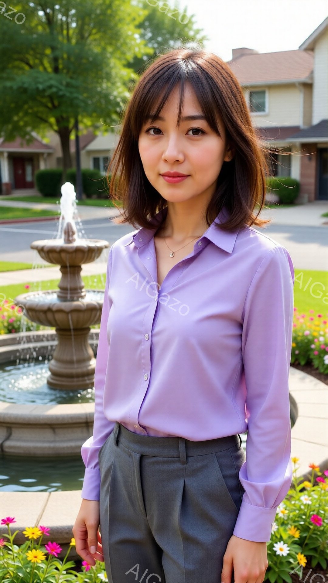 若い女性が紫色の長袖シャツとグレーのパンツを着用し、微笑んでいます。彼女は落ち着いた表情で、わずかにカメラ目線を送っています。背景には噴水と住宅、そして晴れた空が見え、穏やかで明るい雰囲気が漂っていま - AI生成フリー素材