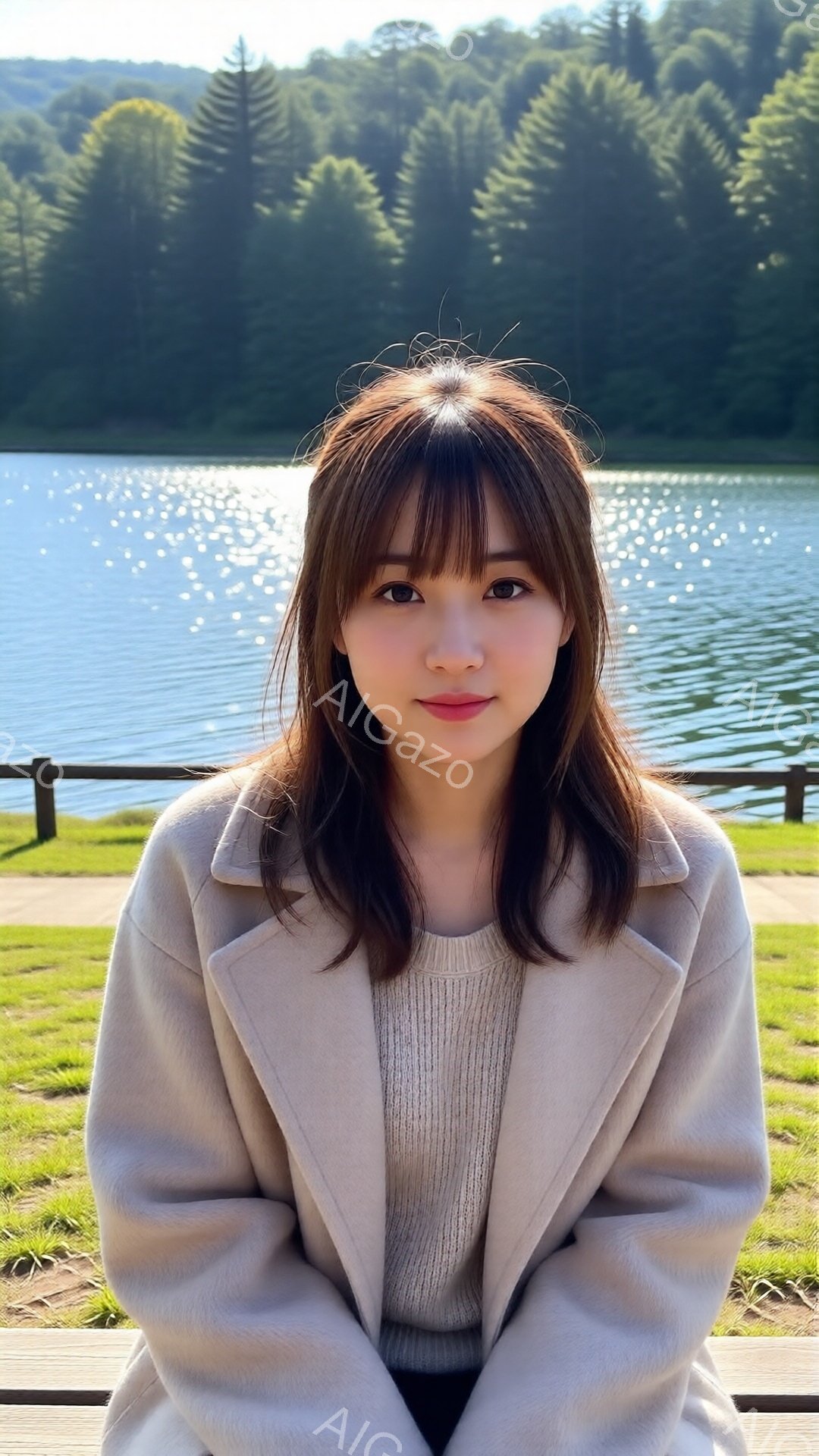 画像には、ベージュ色のコートとセーターを着た若い女性が写っています。彼女は少し微笑んでおり、暗めの髪は肩にかかる長さで、前髪が少しあります。背景には緑の芝生と、太陽の光を反射する水面が見え、穏やかで平和な雰囲気が漂っています。