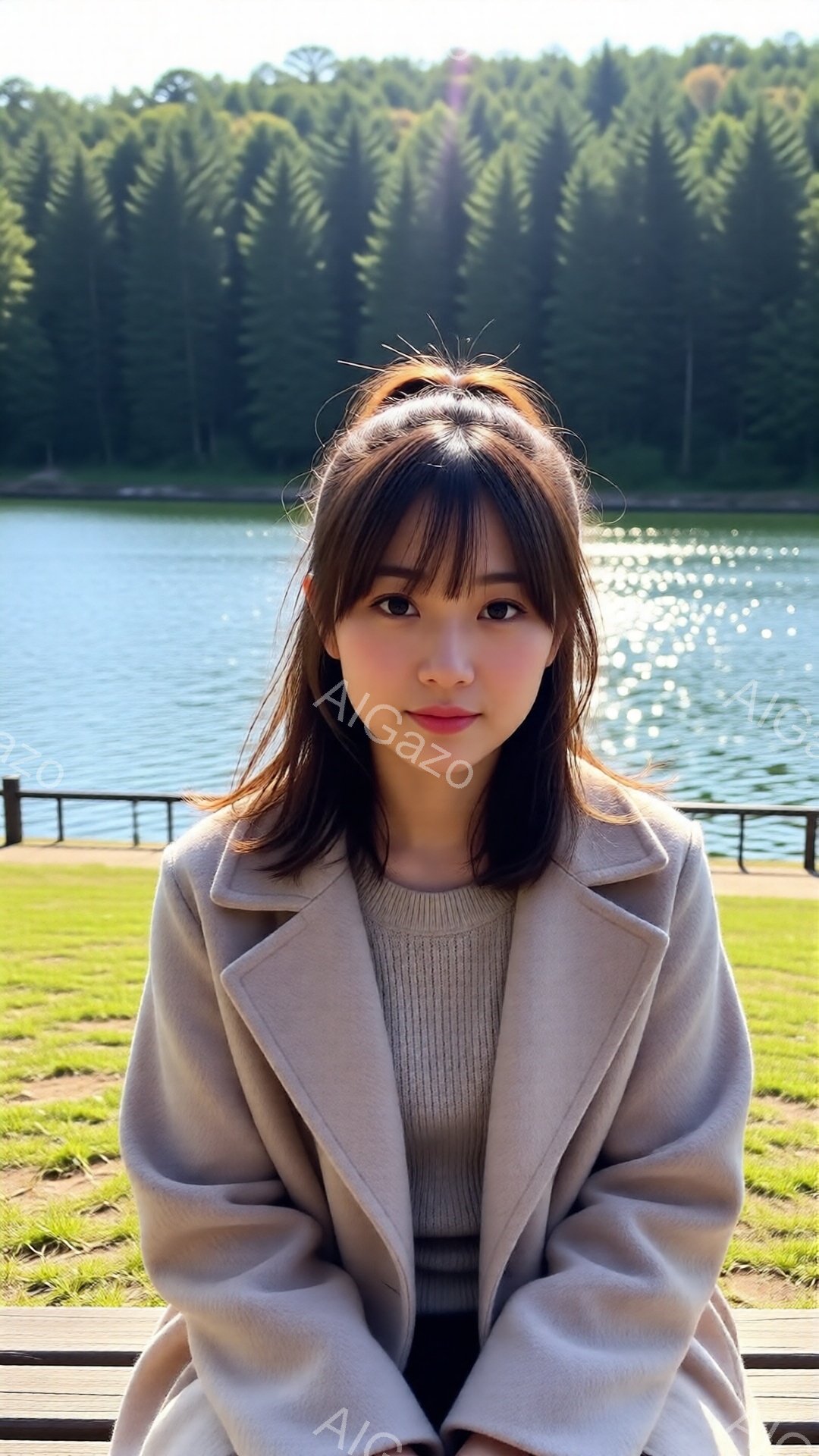 長い髪を肩のあたりで切りそろえた女性が、薄い茶色のコートとセーターを着て正面を見つめています。彼女は穏やかな表情で、わずかに微笑んでいるように見えます。背景には緑豊かな木々と穏やかな湖が広がり、晴れた日の穏やかな雰囲気が漂っています。