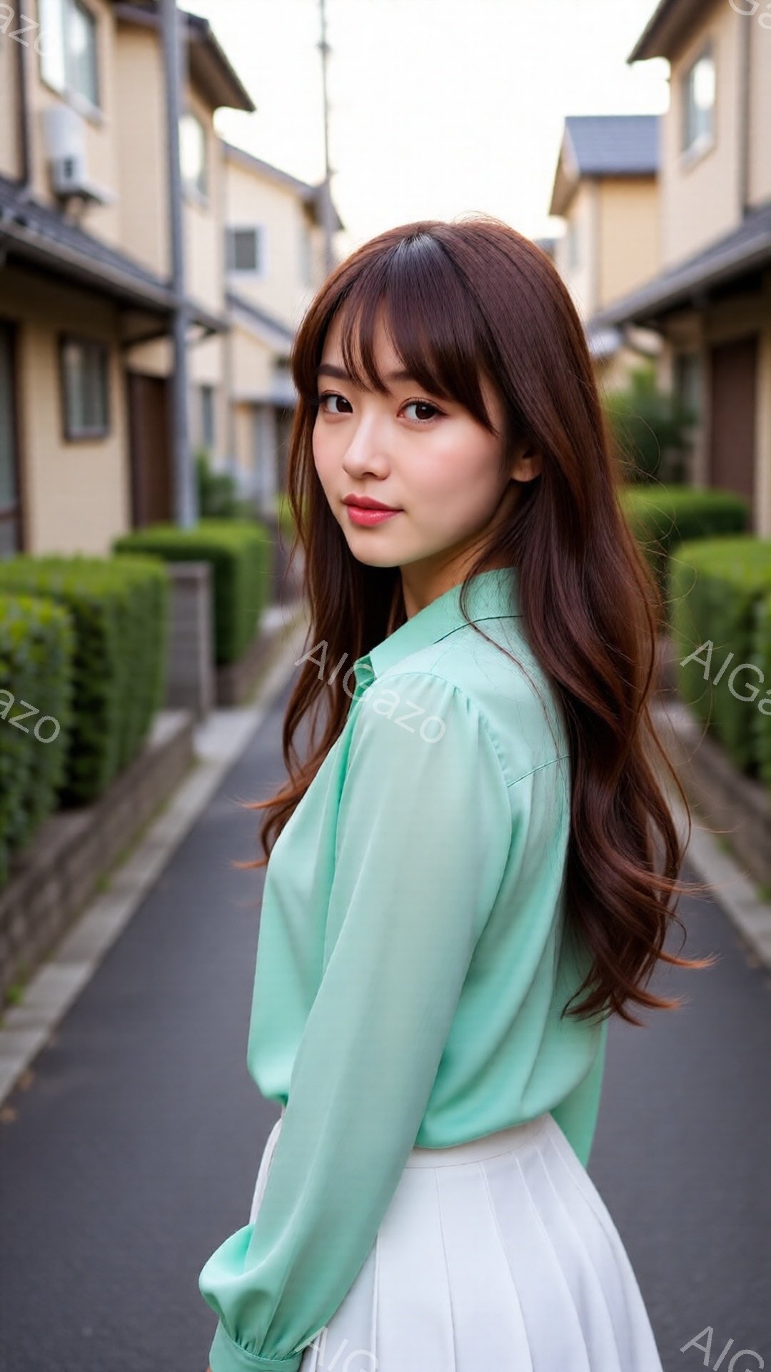 明るい緑色のブラウスと白いスカートを着用した若い女性が、道路を歩いている様子が写っている。彼女は長い茶色の髪を肩まで垂らし、わずかに微笑んでカメラを見ている。背景には整然と並んだ住宅と緑の生垣があり、 - AI生成フリー素材