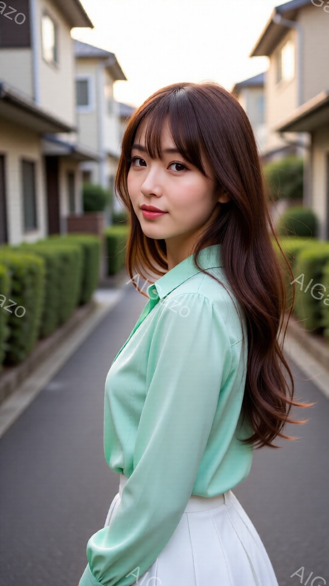 若い女性が、淡いミントグリーンのブラウスと白いスカートを着て、アスファルトの道で振り返っています。彼女は肩までの長さの茶色の髪で、少し微笑んだ表情を浮かべています。背景には整然と並んだ住宅と緑の生垣が - AI生成フリー素材
