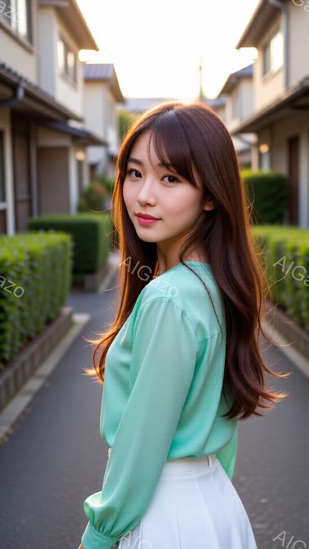 茶髪の長い髪を肩にかける女性が、ターコイズブルーのブラウスと白いスカートを着て、アスファルトの道に立っています。彼女は少し振り返ってカメラを見て微笑んでおり、背景には緑の生垣と白い家並みが広がっていま - AI生成フリー素材