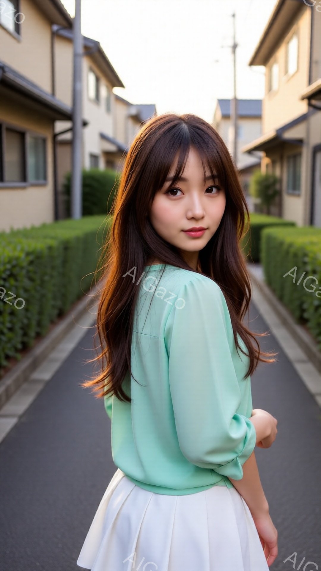 若い女性が、明るいミントグリーンのブラウスと白いフレアスカートを身に着けて、アスファルトの道の上を歩いています。彼女は肩までの長さの茶髪を無造作に垂らし、振り返ってカメラを見て微笑んでいます。背景には - AI生成フリー素材