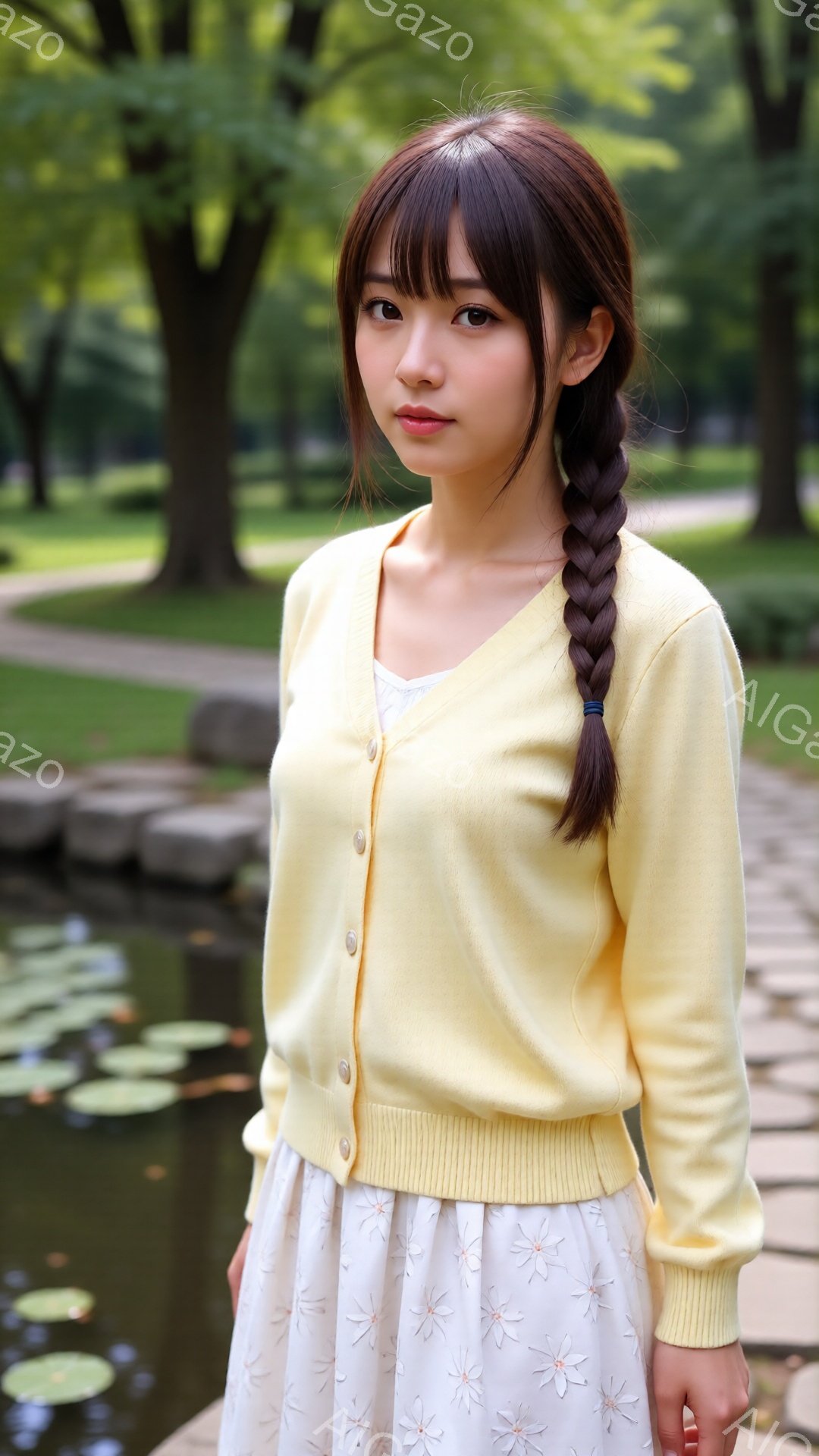 若い女性が、淡い黄色のカーディガンと花柄のワンピースを着て、少し微笑んでいます。彼女は長い茶色の髪を編み込み、リラックスした姿勢で、池のそばに立っています。背景には緑豊かな木々と穏やかな水面が広がり、 - AI生成フリー素材