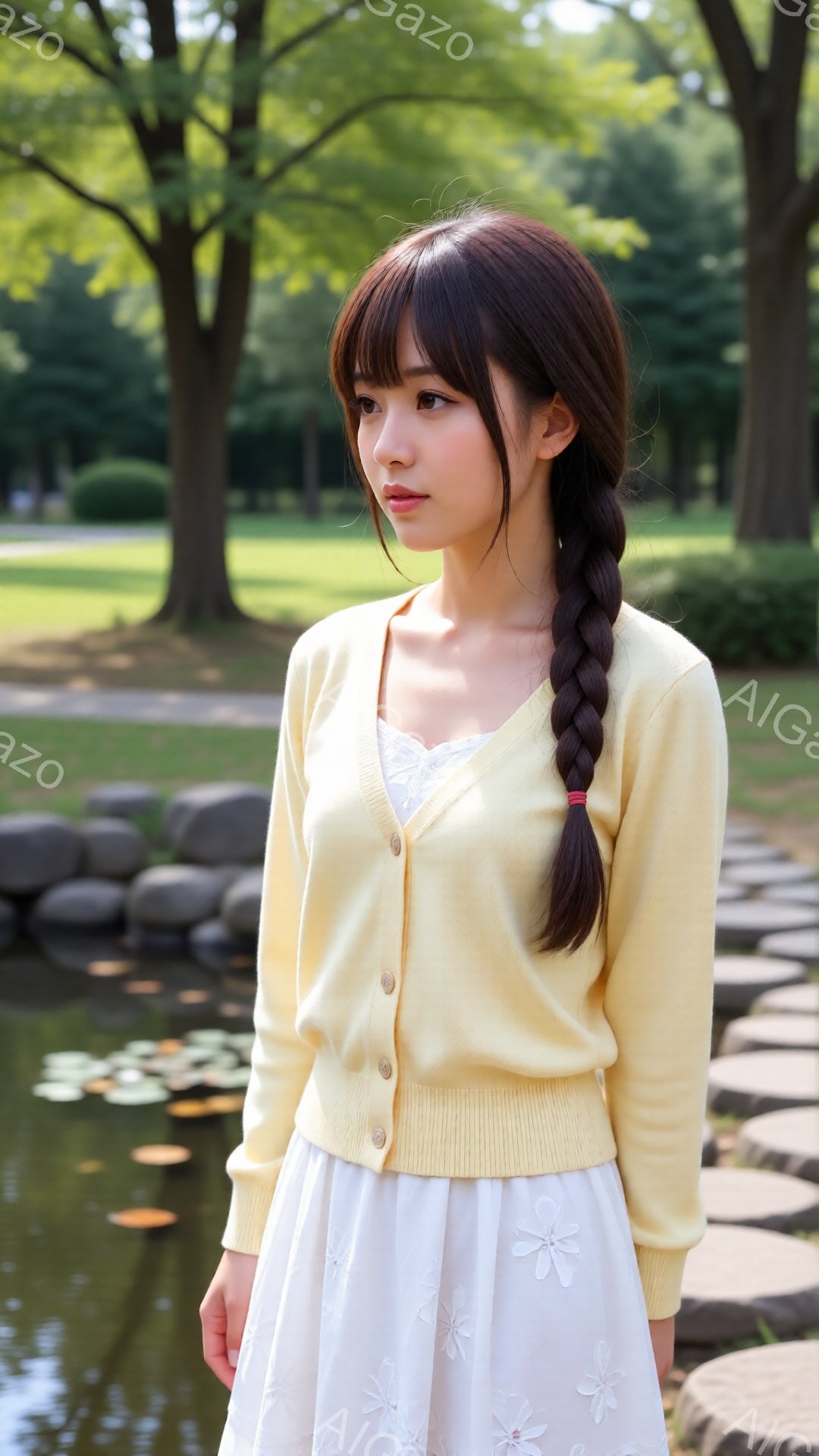 長い茶色の髪を三つ編みにし、レモン色のカーディガンと花柄のワンピースを着た若い女性が写っています。彼女は少し横を向き、穏やかな表情で遠くを見つめており、落ち着いた雰囲気を醸し出しています。背景には緑豊 - AI生成フリー素材