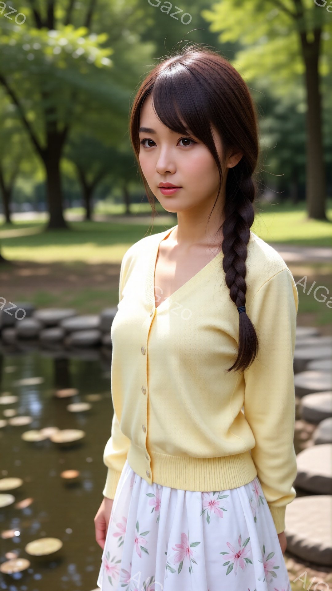 長い茶色の髪を編み込みにした若い女性が、薄黄色のカーディガンと花柄のスカートを着て立っています。彼女は正面を少し見下ろし、穏やかで控えめな表情を浮かべています。背景には緑豊かな木々と水面が見え、晴れた日の穏やかな雰囲気を醸し出しています。