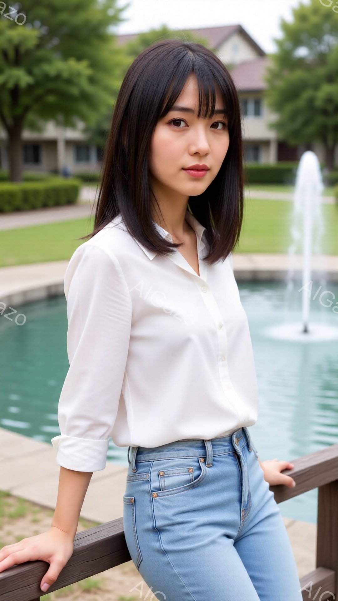 若い女性が、白いブラウスと水色のジーンズを着て、欄干に寄りかかっている。彼女は肩までの長さの黒髪で、穏やかな表情をしている。背景には緑豊かな芝生と噴水があり、晴れた日の穏やかな雰囲気が感じられる。 - AI生成フリー素材