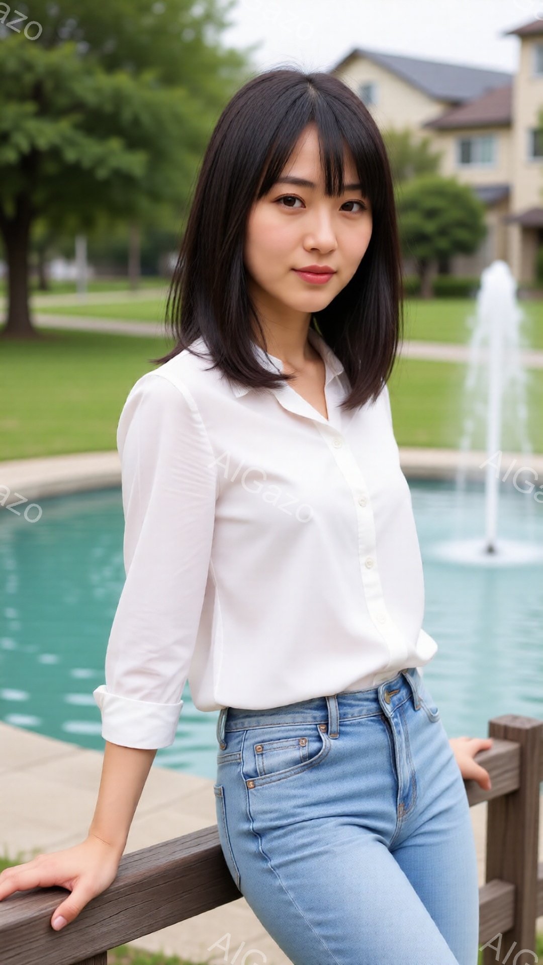 若い女性が白いブラウスと明るい色のデニムジーンズを身につけて、木製の柵にもたれかかって立っている。彼女は黒髪のストレートヘアで、穏やかな微笑みを浮かべている。背景には緑豊かな芝生、水のある噴水、そして - AI生成フリー素材