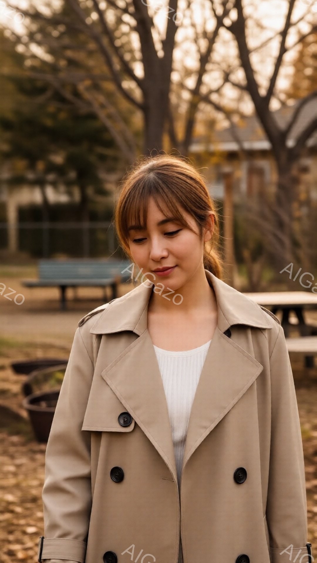 薄茶色のトレンチコートを着た若い女性が写っています。髪は肩まで届き、前髪が少し流れています。背景には木々とベンチが見え、穏やかな秋の日の光が差し込んでいます。