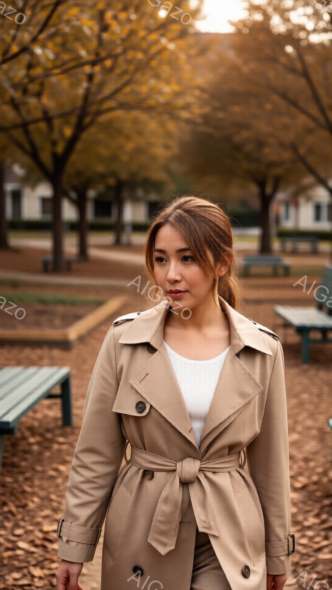 モデルはベージュ色のトレンチコートを着ており、白いインナーが覗いています。髪は後ろで一つにまとめられ、やや憂いを帯びた表情でカメラを見ています。背景には、落葉で覆われた公園と、木々の間から差し込む柔ら - AI生成フリー素材