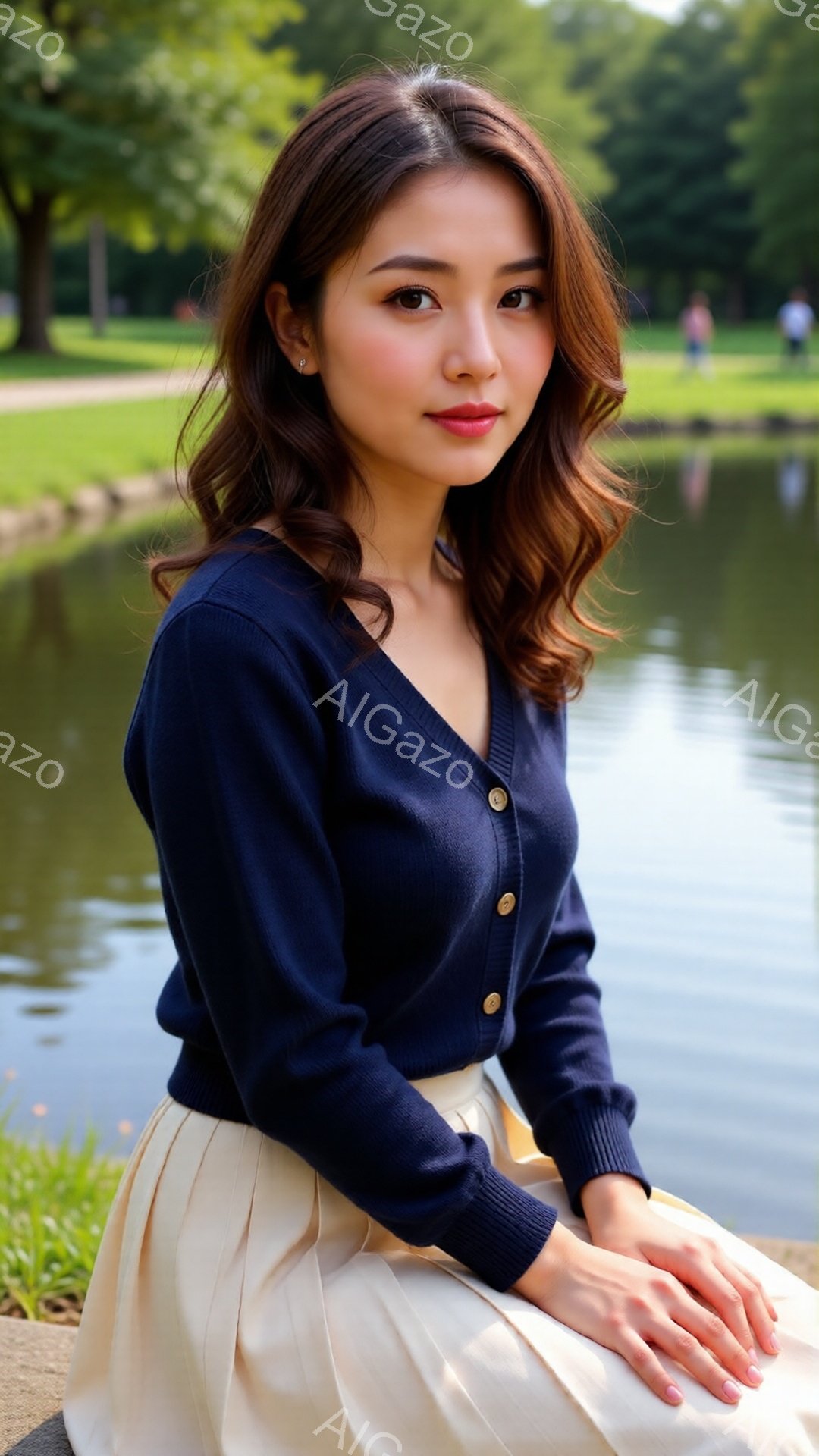 画像は、紺色のカーディガンとクリーム色のプリーツスカートを着用した若い女性が写っています。彼女は膝を抱え、穏やかな表情でこちらを見ており、髪は肩まで伸びたゆるいウェーブヘアです。背景には緑豊かな木々と - AI生成フリー素材