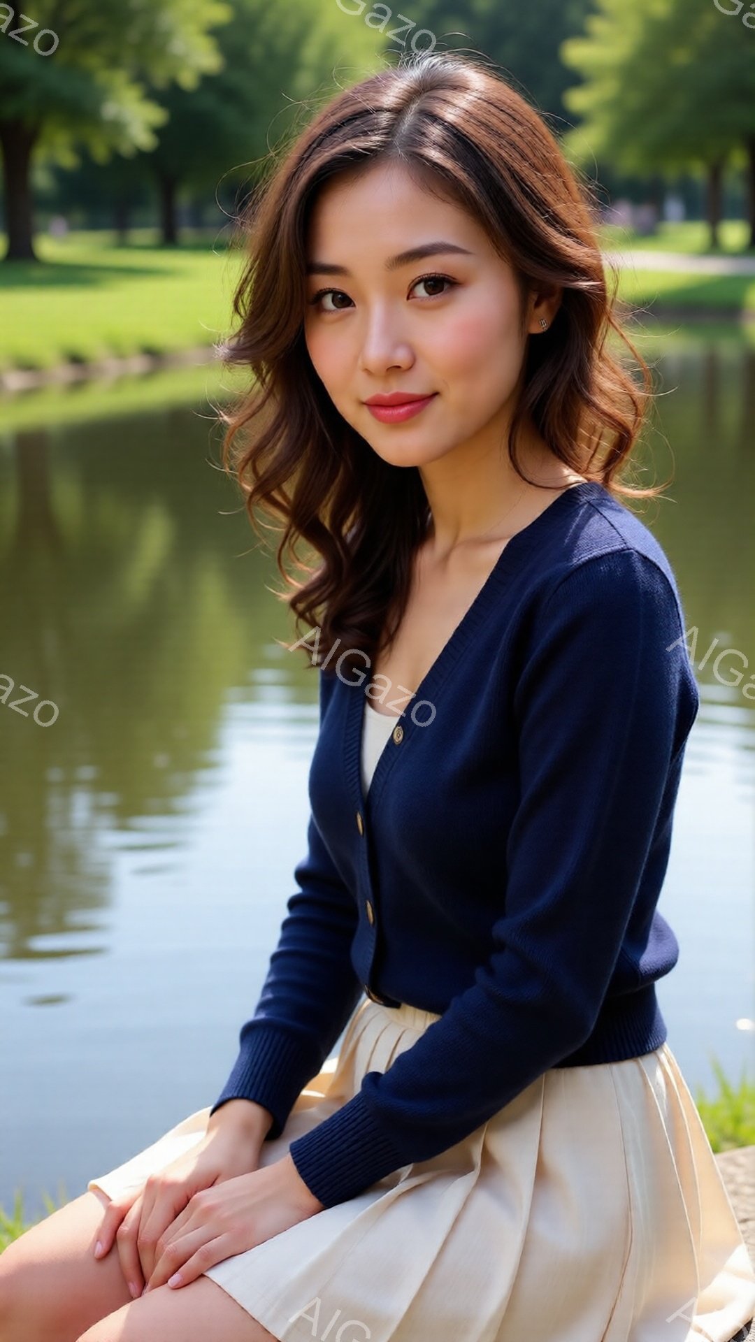 明るい日差しの中で、女性がベージュのスカートと濃紺のカーディガンを着ています。彼女は微笑んでおり、軽く巻いた髪が肩にかかっています。背景には緑豊かな木々と穏やかな水面が見え、全体的に穏やかで優しい雰囲 - AI生成フリー素材