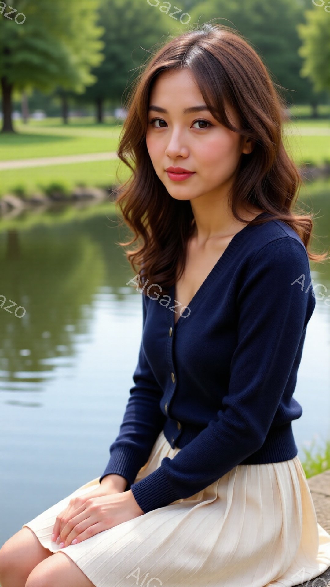 若い女性が紺色のカーディガンとクリーム色のプリーツスカートを着て、穏やかな表情でこちらを見ている。彼女は膝を揃えて座り、優雅な雰囲気を醸し出している。背景には緑豊かな木々と穏やかな水面が広がり、晴れた - AI生成フリー素材