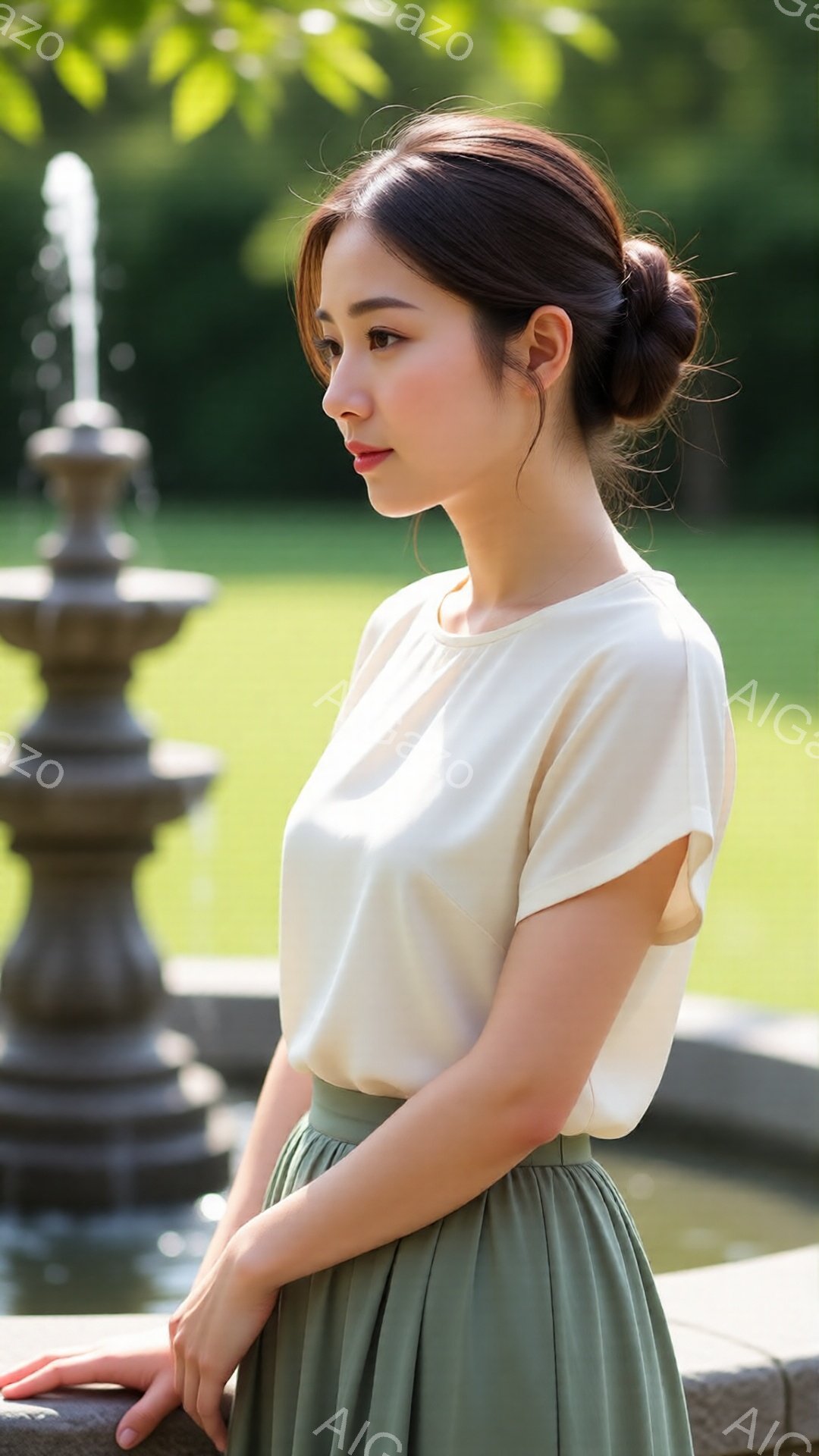 モデルはクリーム色のブラウスとオリーブグリーンのロングスカートを身につけ、髪を後ろでまとめ、横顔を見せています。彼女は静かに何かを見つめ、優雅な姿勢で縁石に手を添えています。背景には石造りの噴水と緑豊 - AI生成フリー素材