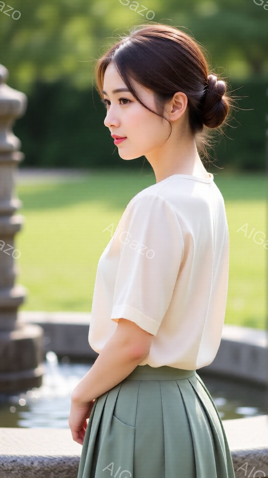 この女性は、クリーム色のブラウスとオリーブグリーンのプリーツスカートを着用し、後ろ姿を捉えられています。髪は後ろでまとめられ、穏やかな表情で横を向いています。背景には緑豊かな自然と、石造りの噴水の一部 - AI生成フリー素材