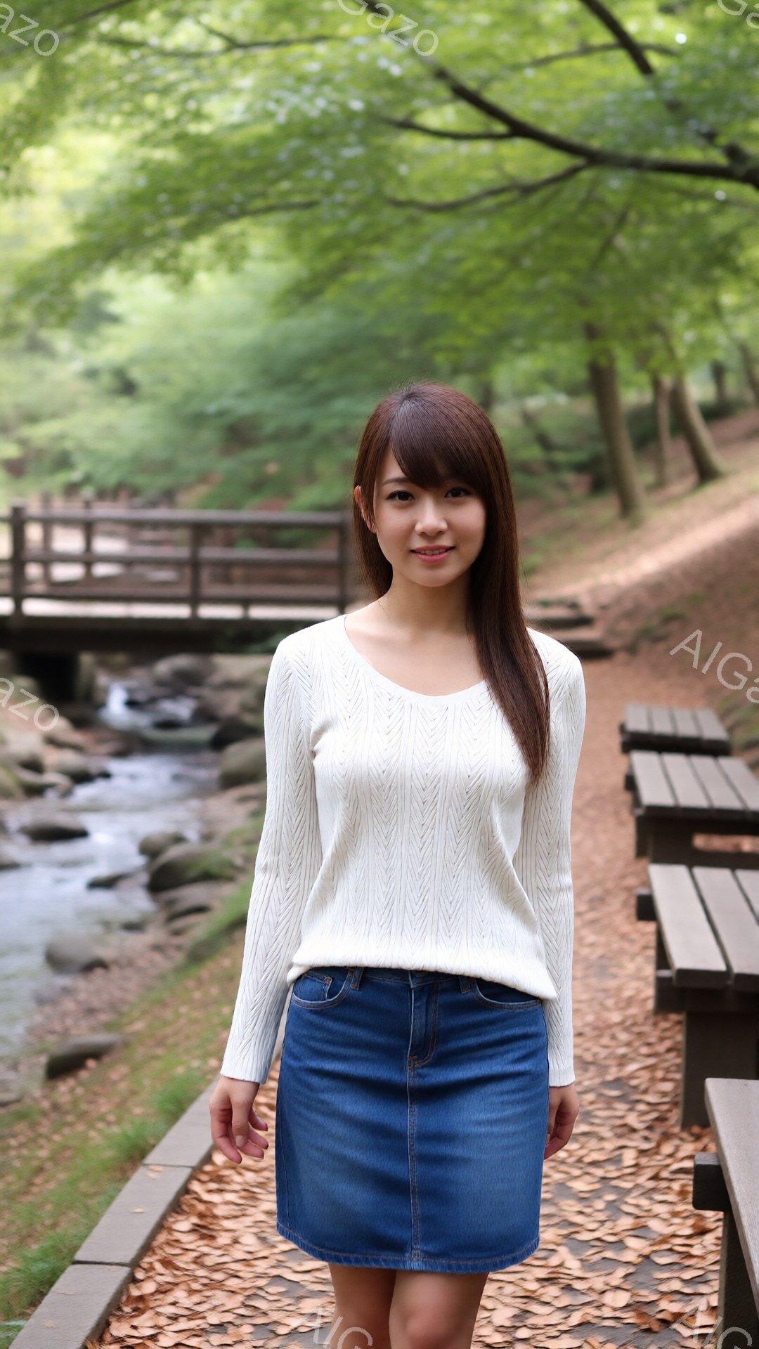 長い黒髪を肩にかける女性が、白いケーブルニットのセーターとデニムのスカートを着用して立っています。彼女は穏やかな笑顔を浮かべ、リラックスした姿勢でカメラを見ています。背景には小川と木製の柵、そしてベン - AI生成フリー素材