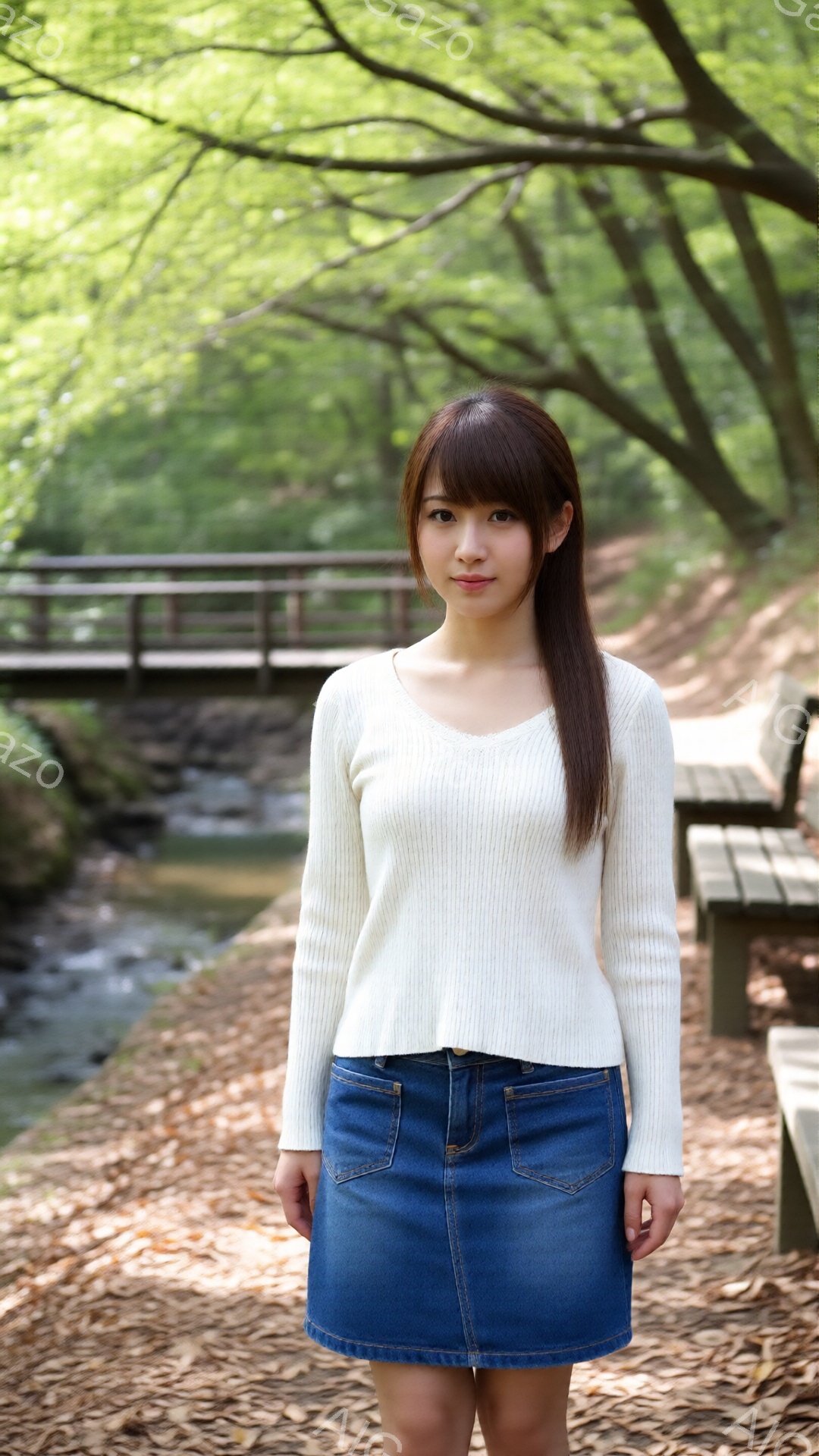 長い黒髪をセンターパートにした女性が、クリーム色のリブニットセーターとデニムのミニスカートを身につけて立っています。彼女は穏やかな表情でカメラを見つめており、姿勢はまっすぐでリラックスしています。背景 - AI生成フリー素材