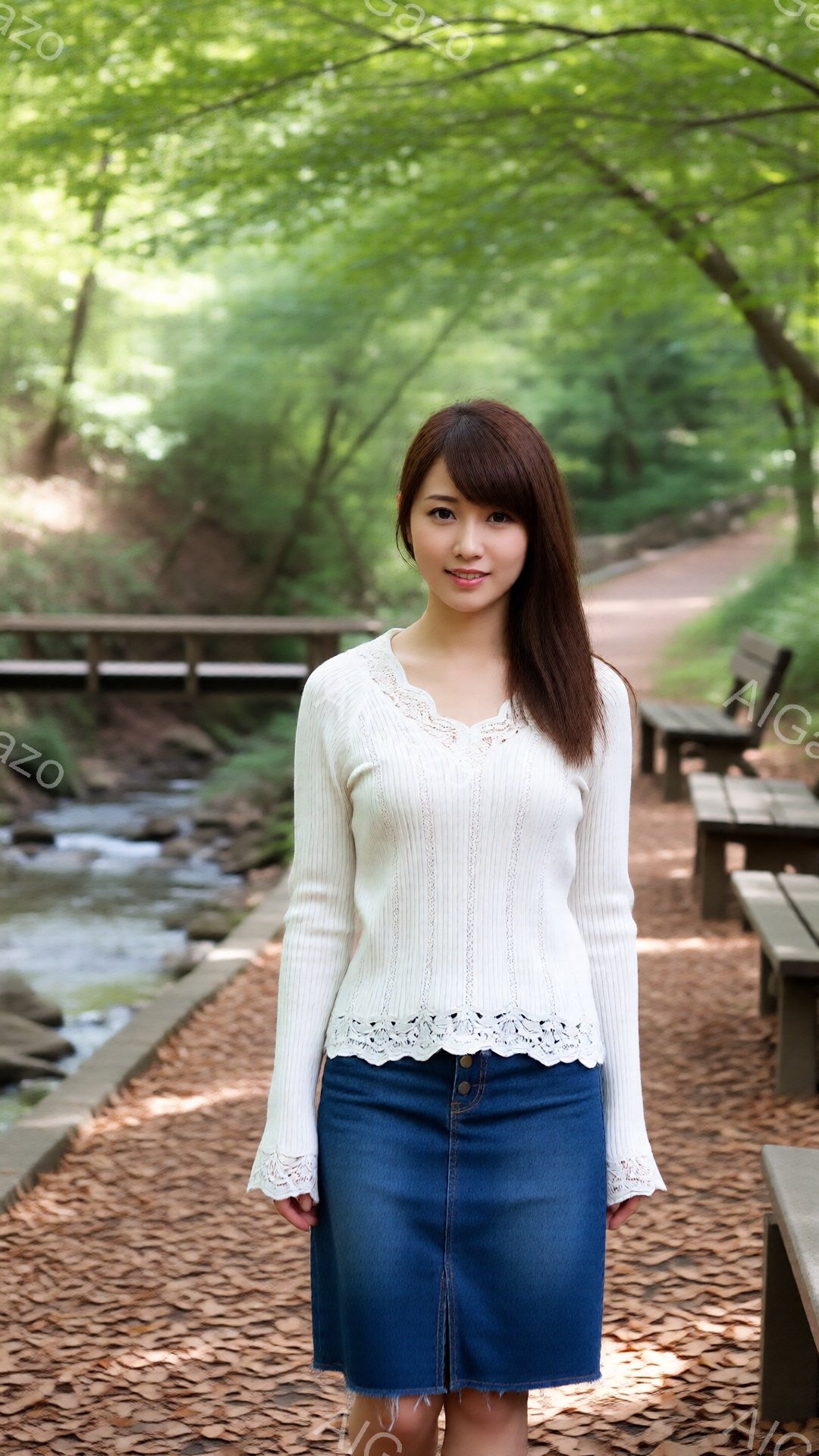 長い黒髪の女性が、白いレース付きのセーターとデニムのスカートを身に着けて立っています。彼女は微笑んでおり、リラックスした姿勢でカメラを見ています。背景には木々が生い茂る遊歩道があり、秋の落ち葉が敷き詰 - AI生成フリー素材